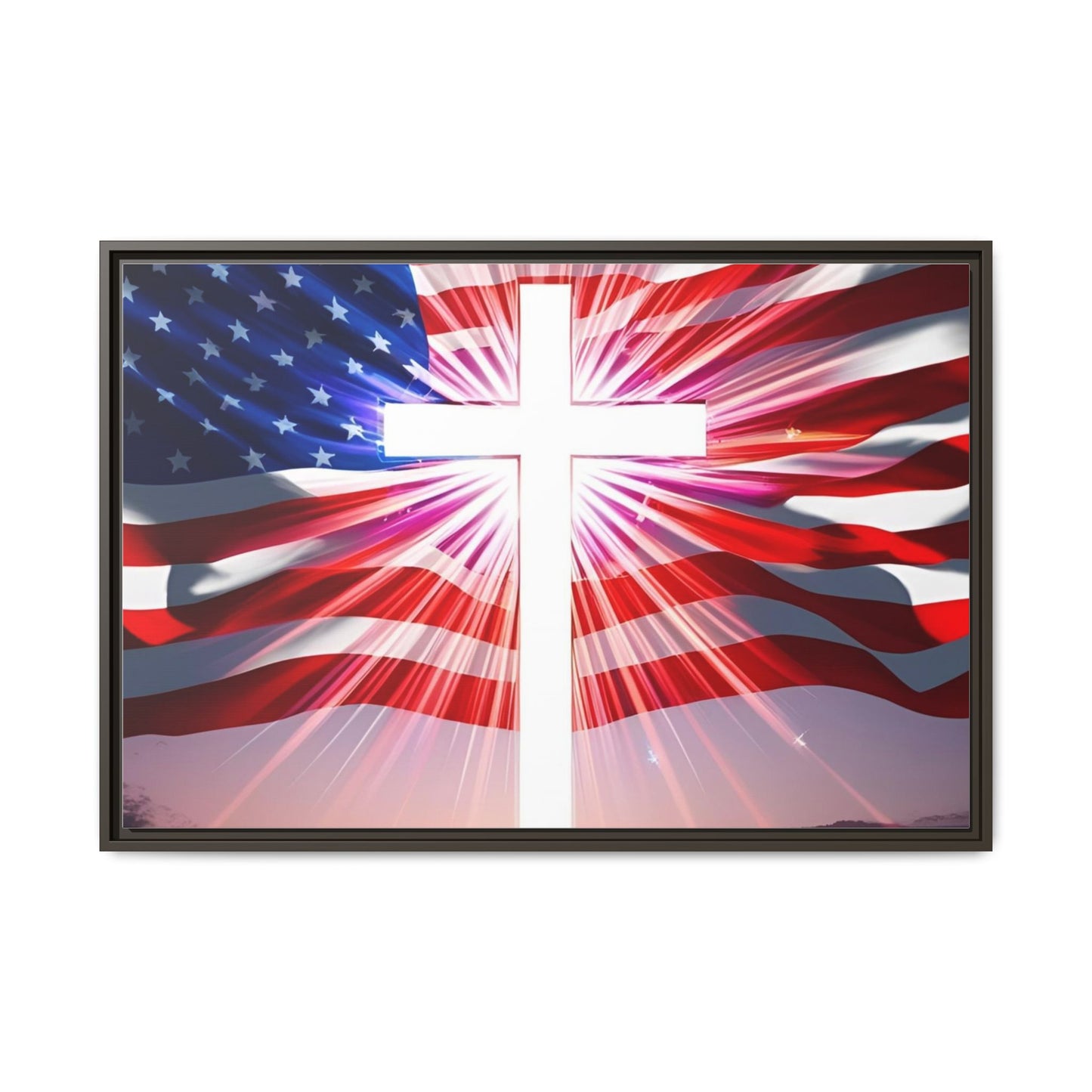 Patriotic Christian Canvas Art - Framed Multi-Color Cross with American Flag