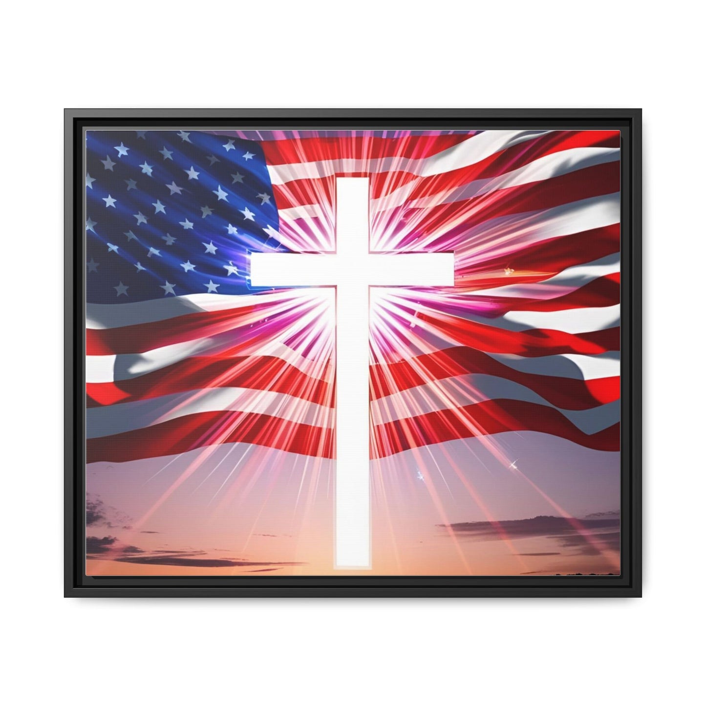 Patriotic Christian Canvas Art - Framed Multi-Color Cross with American Flag