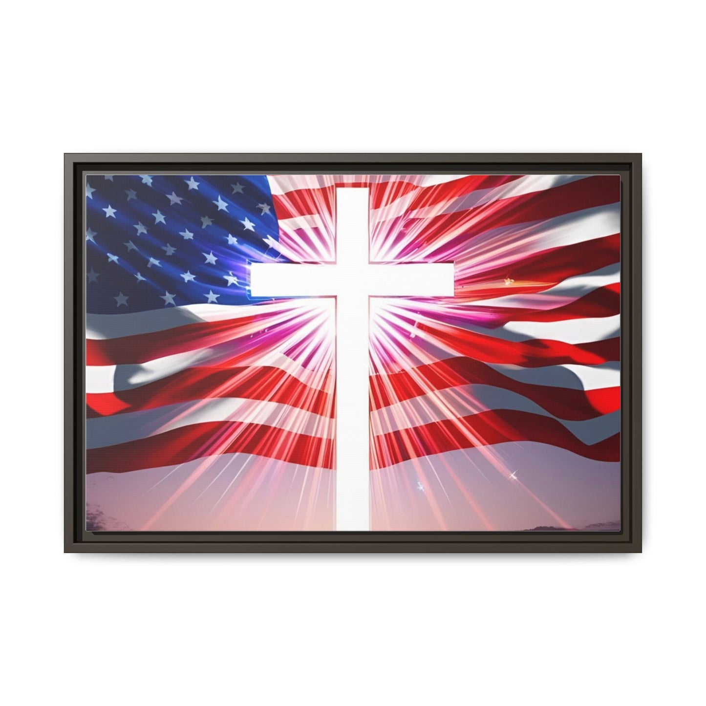 Patriotic Christian Canvas Art - Framed Multi-Color Cross with American Flag