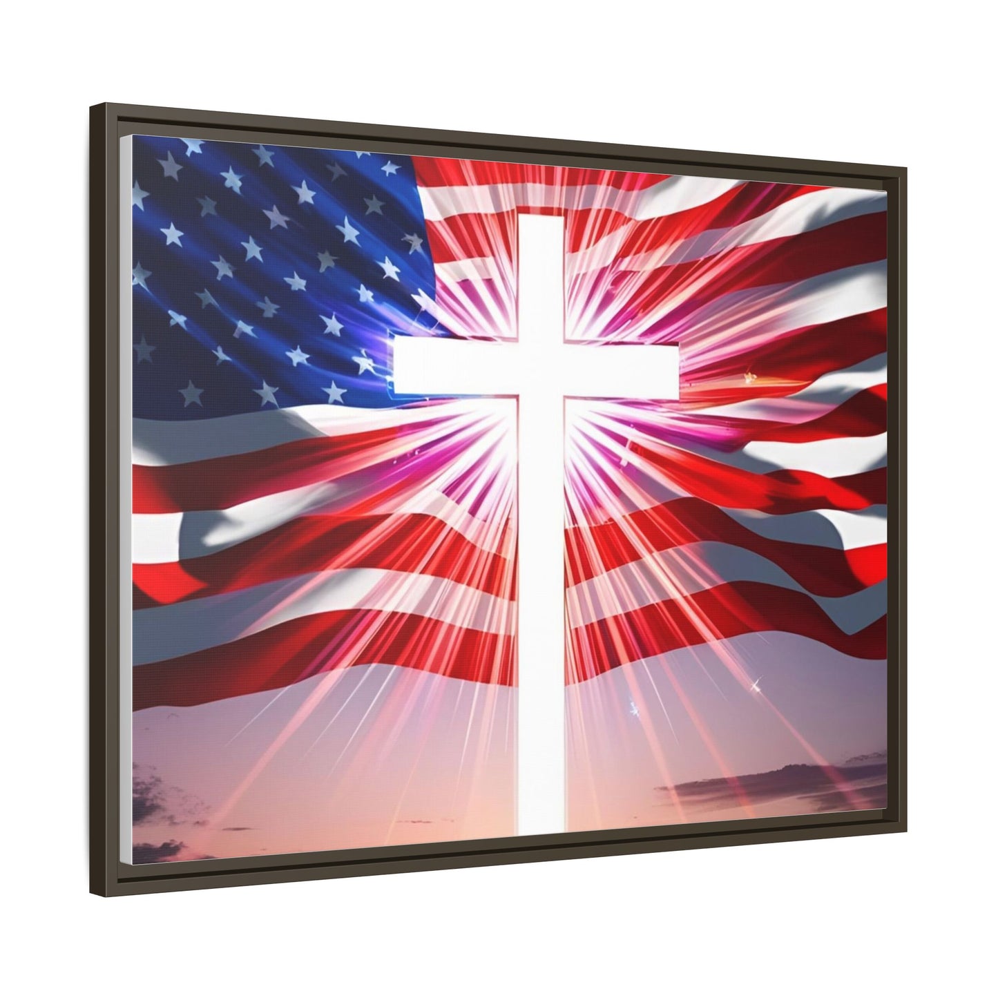 Patriotic Christian Canvas Art - Framed Multi-Color Cross with American Flag