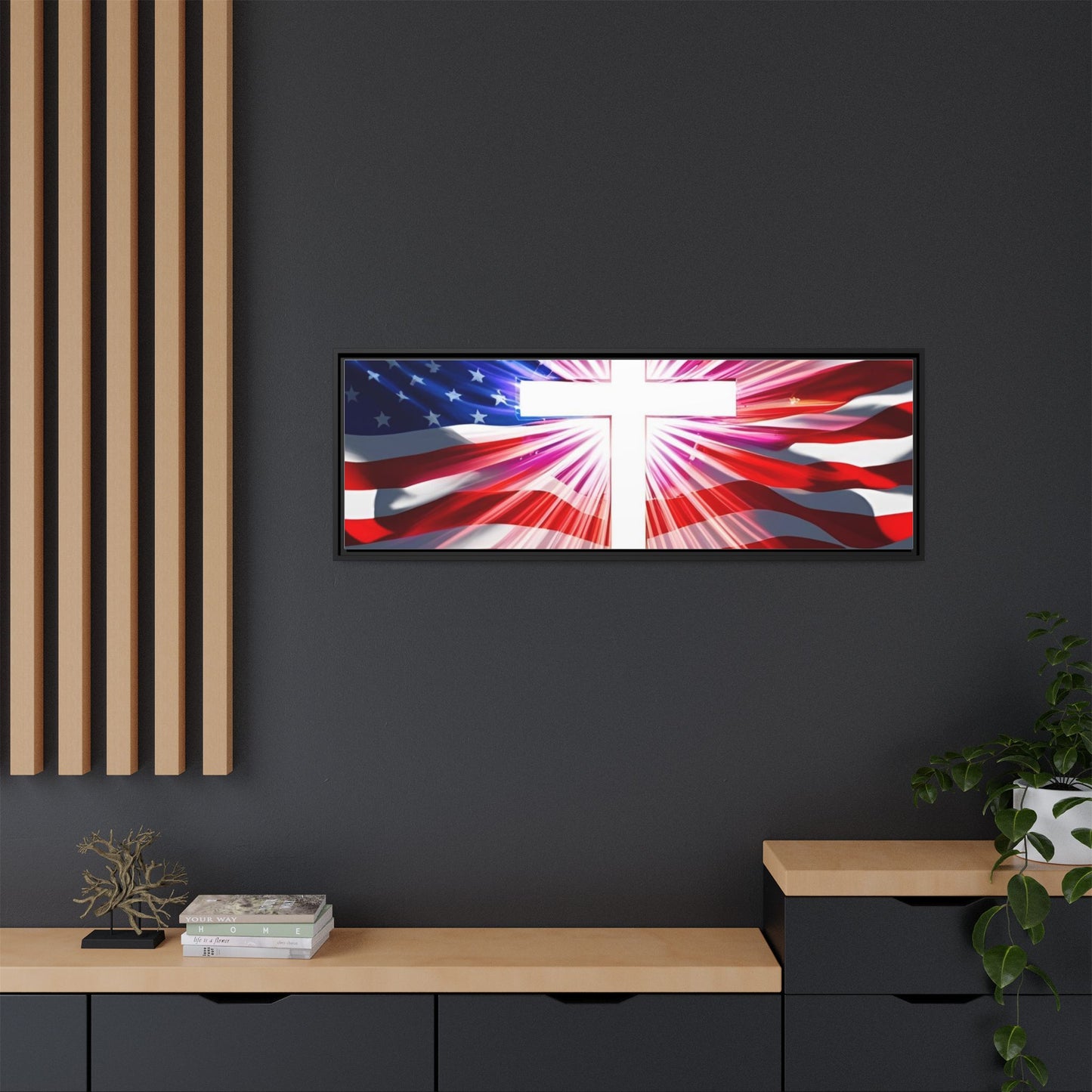 Patriotic Christian Canvas Art - Framed Multi-Color Cross with American Flag