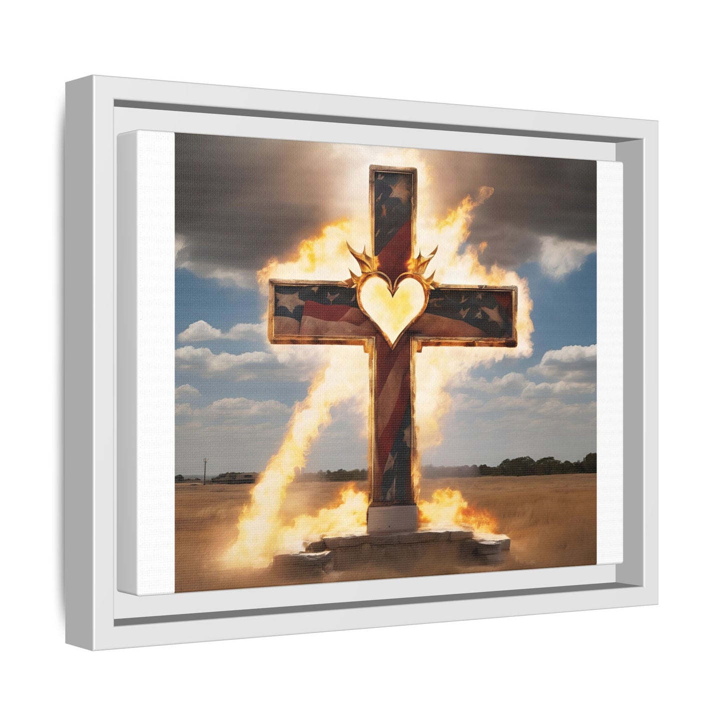 Framed Cross Art Print - Heart on Fire Design