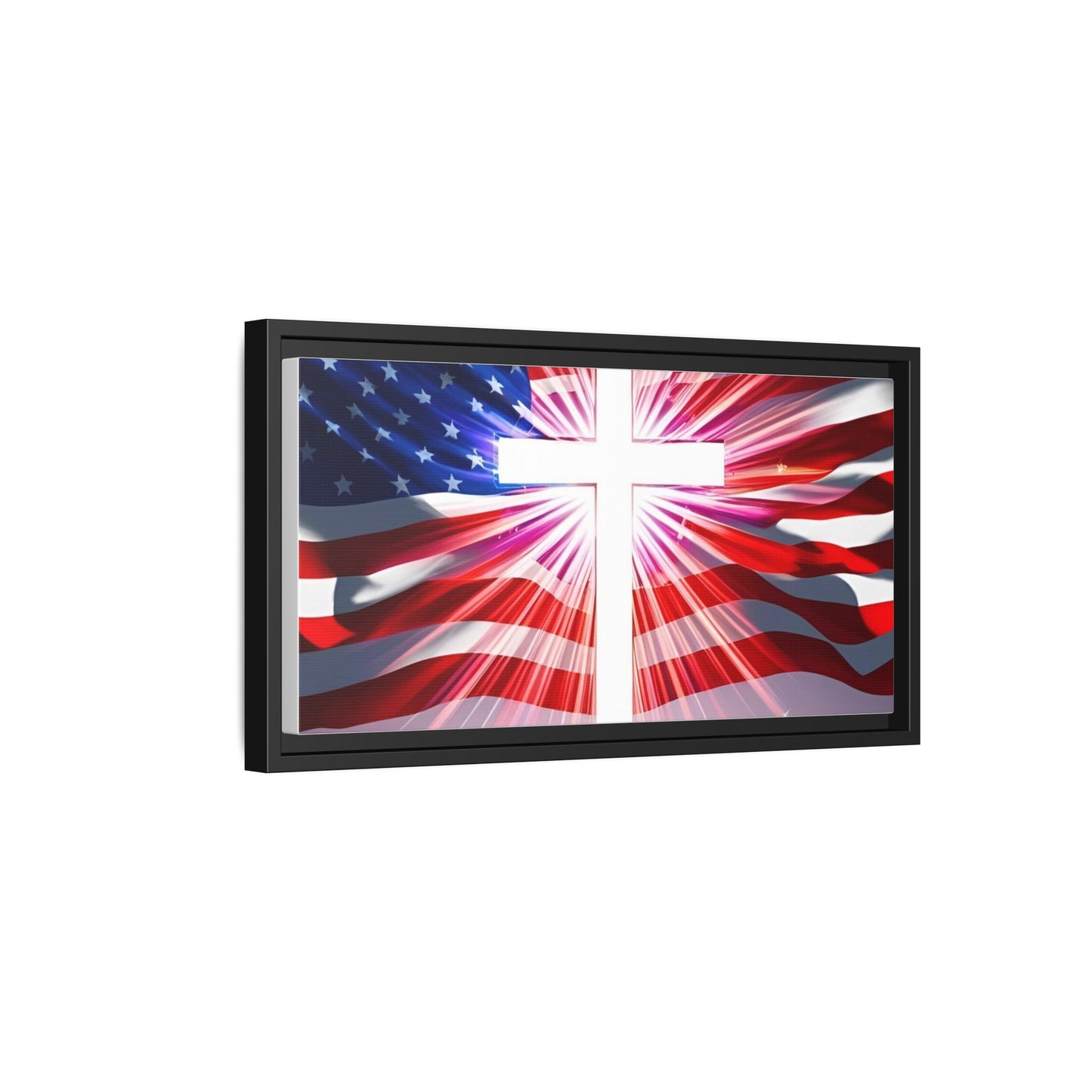 Patriotic Christian Canvas Art - Framed Multi-Color Cross with American Flag