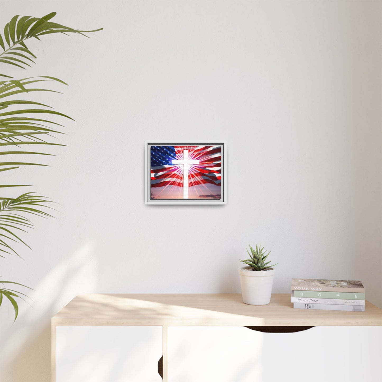 Patriotic Christian Canvas Art - Framed Multi-Color Cross with American Flag