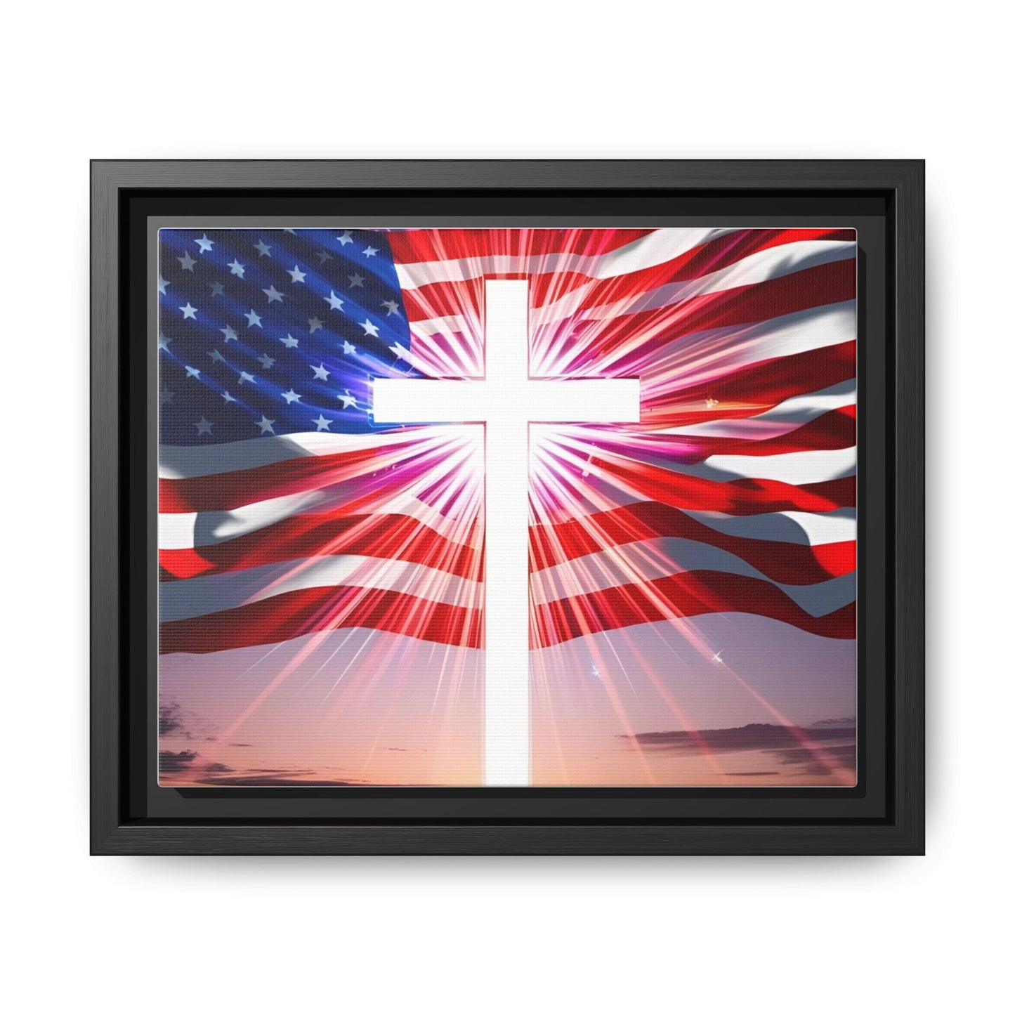 Patriotic Christian Canvas Art - Framed Multi-Color Cross with American Flag