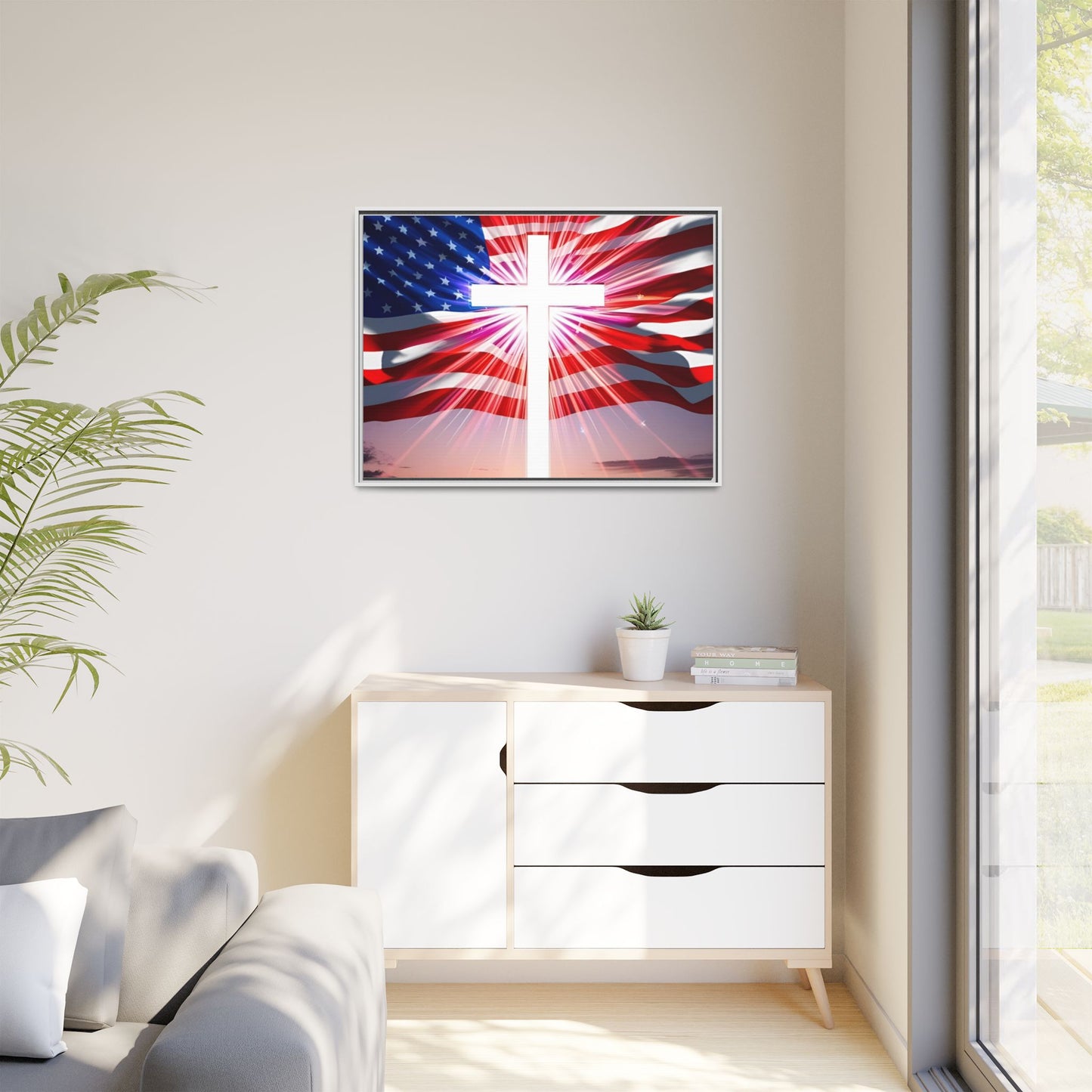 Patriotic Christian Canvas Art - Framed Multi-Color Cross with American Flag