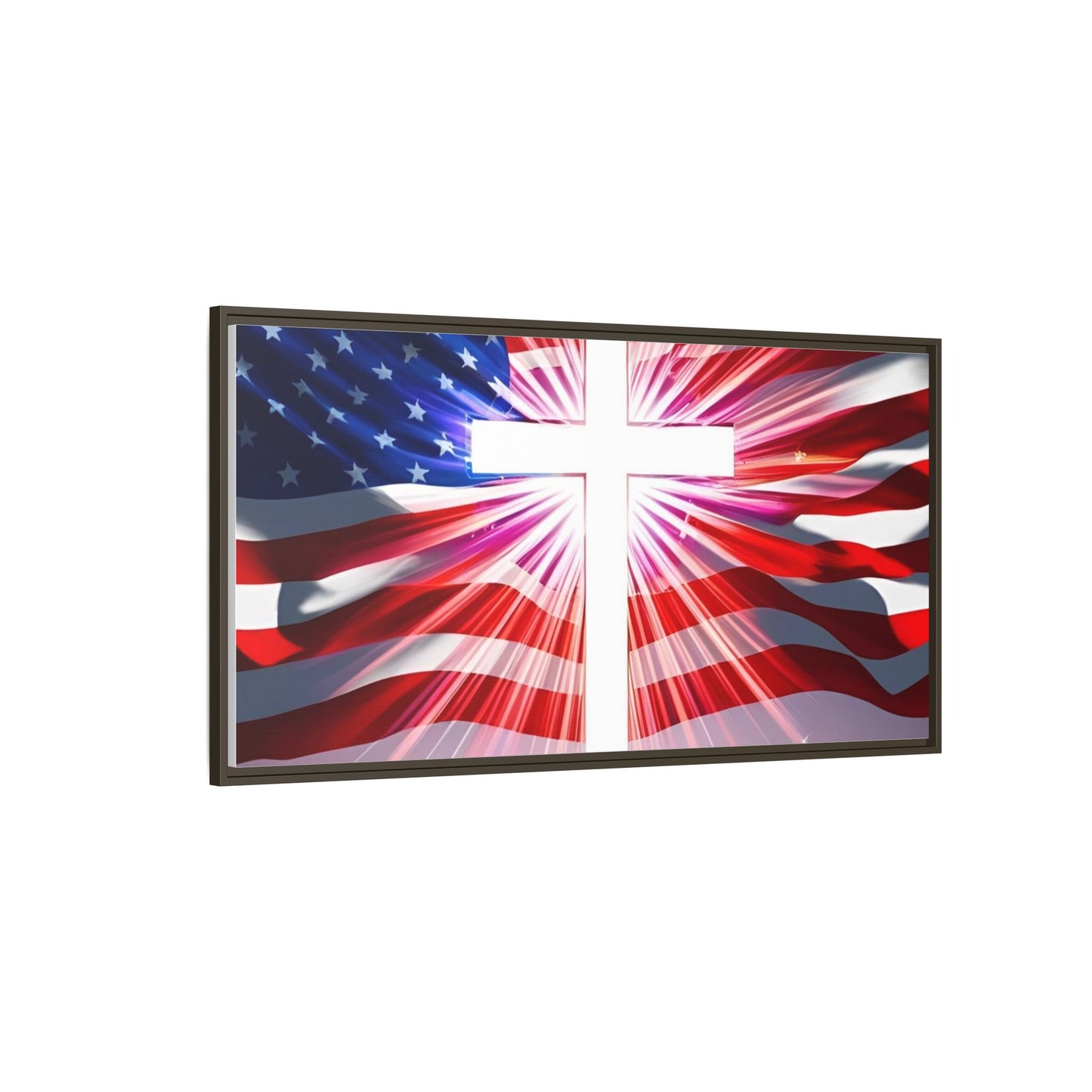 Patriotic Christian Canvas Art - Framed Multi-Color Cross with American Flag