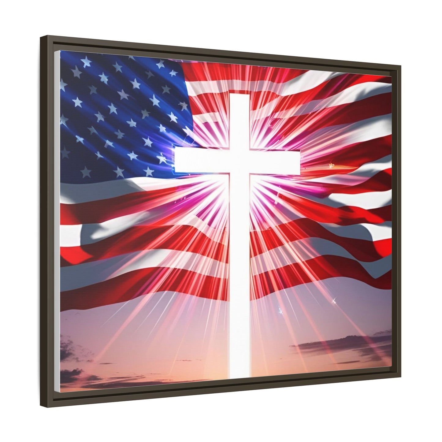 Patriotic Christian Canvas Art - Framed Multi-Color Cross with American Flag