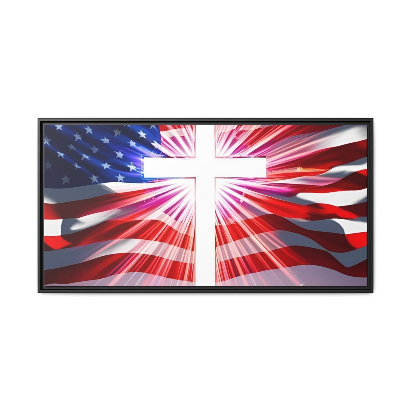 Patriotic Christian Canvas Art - Framed Multi-Color Cross with American Flag