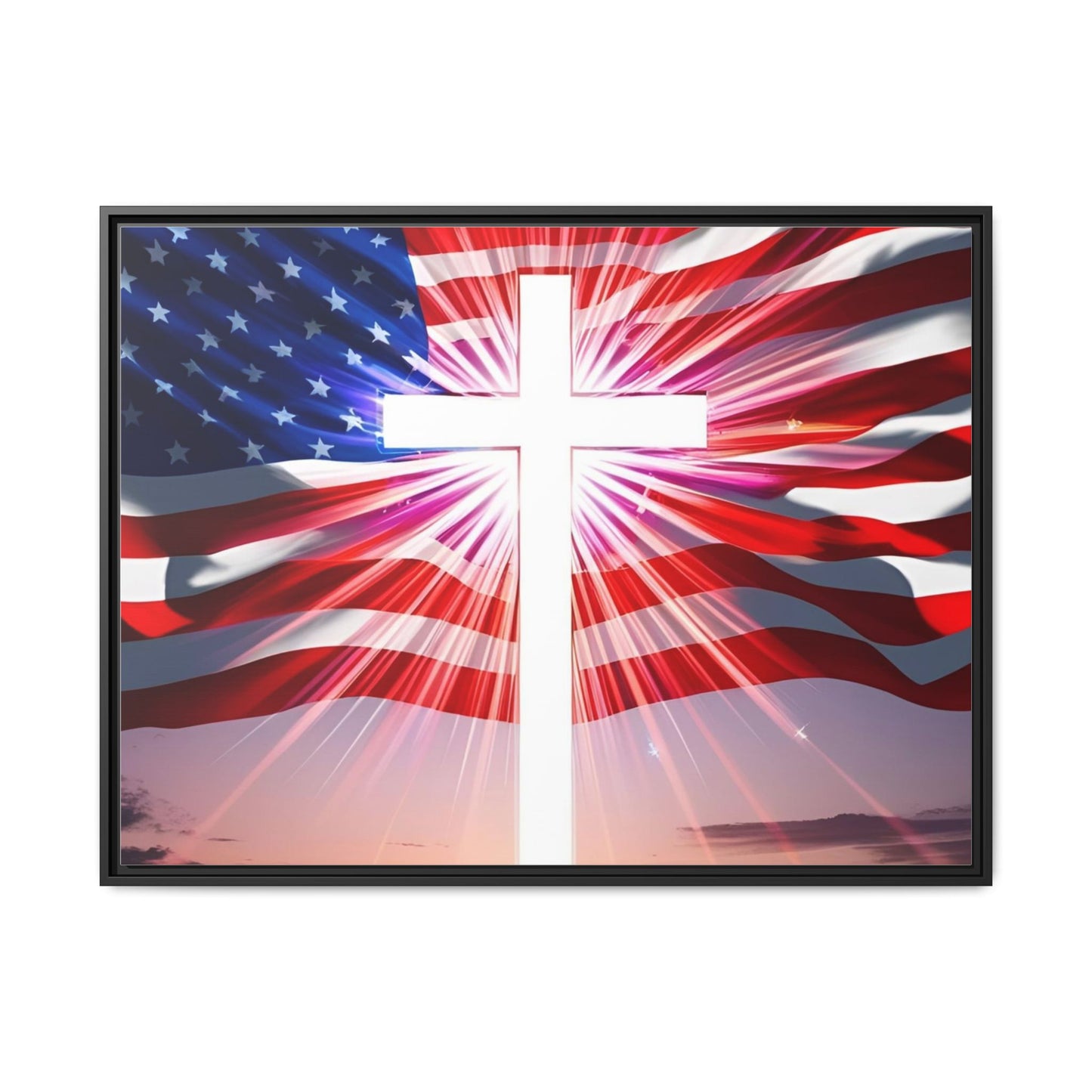 Patriotic Christian Canvas Art - Framed Multi-Color Cross with American Flag