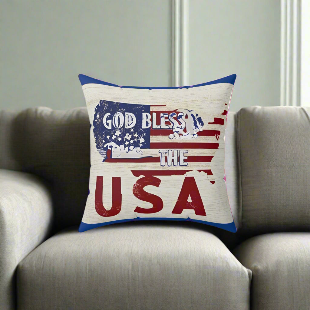 Patriotic Square Pillow - God Bless the USA, Home Decor, 4th of July Gift, Memorial Day, Americana Cushion