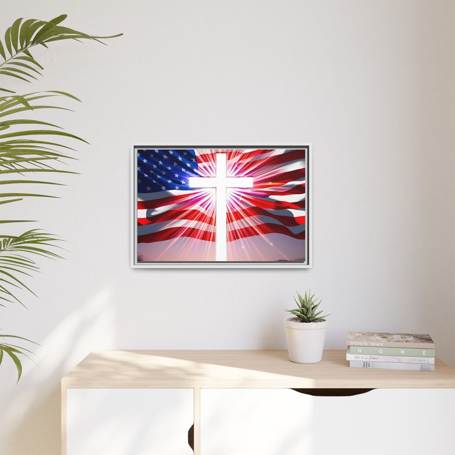 Patriotic Christian Canvas Art - Framed Multi-Color Cross with American Flag