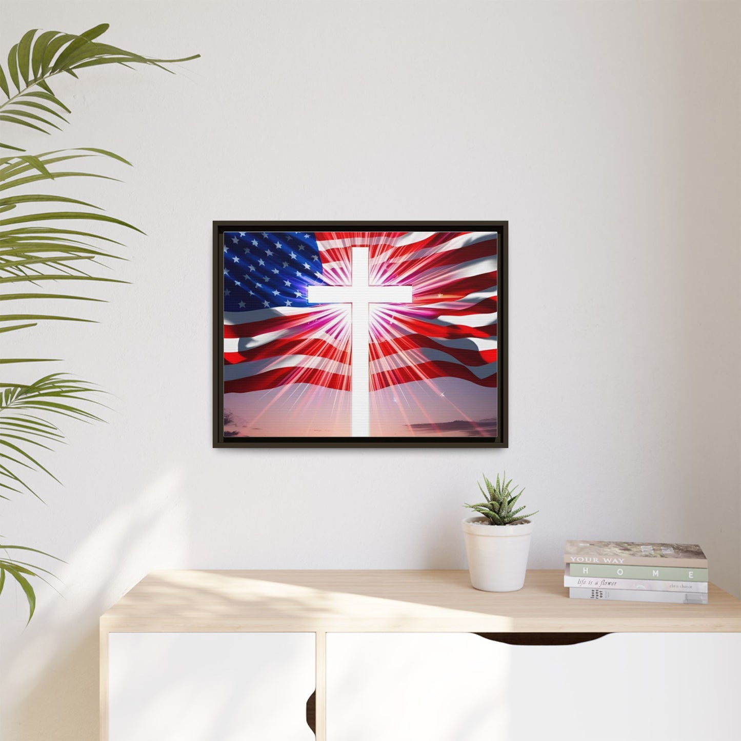 Patriotic Christian Canvas Art - Framed Multi-Color Cross with American Flag