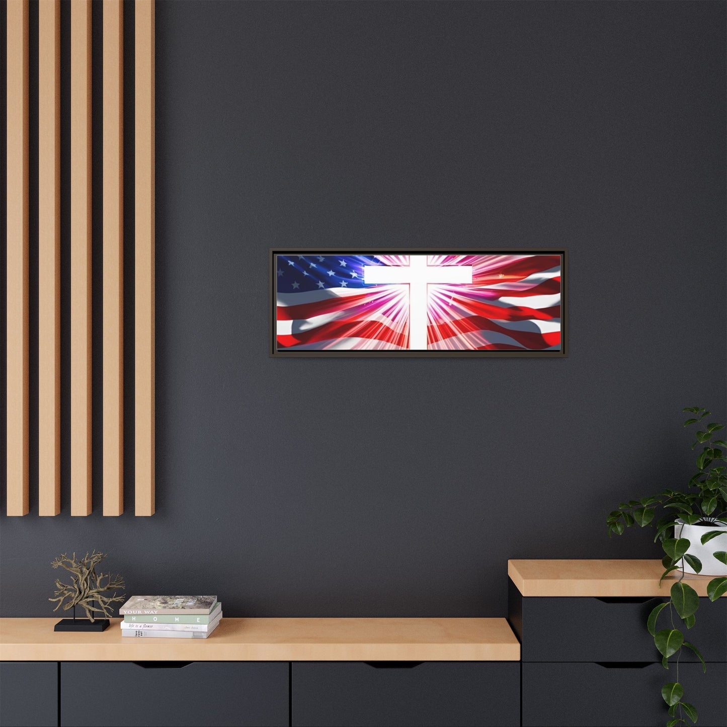 Patriotic Christian Canvas Art - Framed Multi-Color Cross with American Flag
