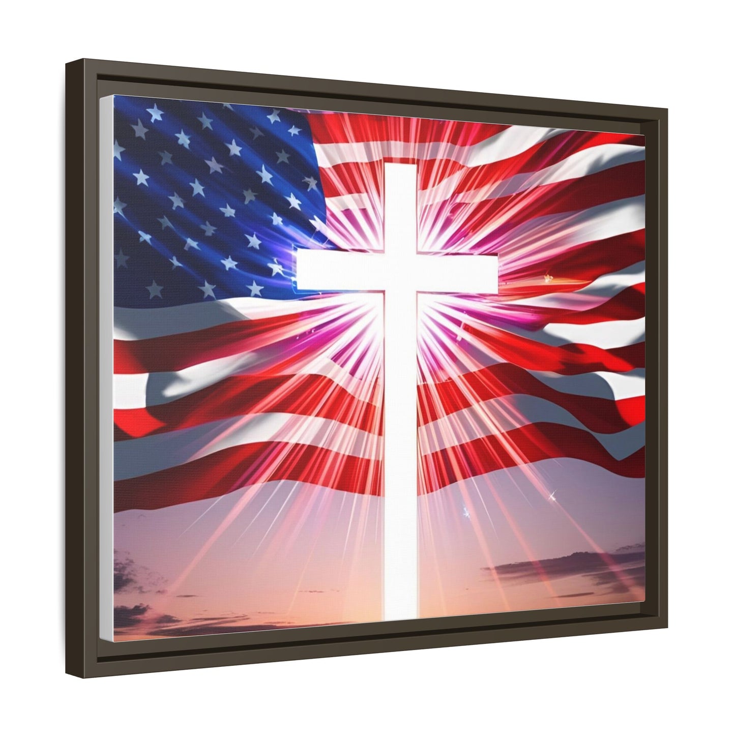 Patriotic Christian Canvas Art - Framed Multi-Color Cross with American Flag