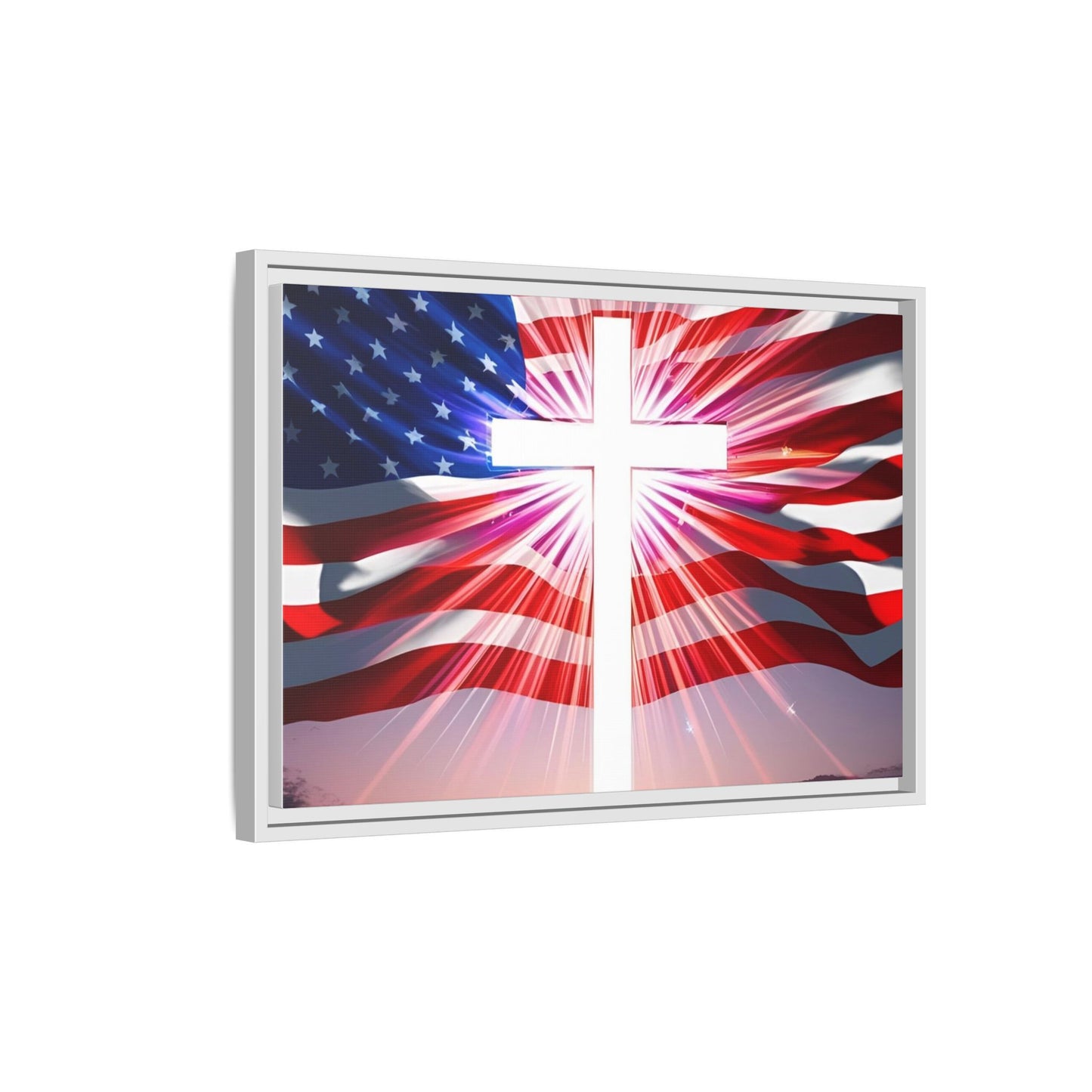 Patriotic Christian Canvas Art - Framed Multi-Color Cross with American Flag