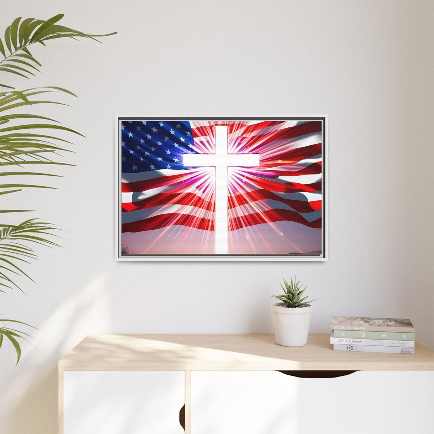 Patriotic Christian Canvas Art - Framed Multi-Color Cross with American Flag