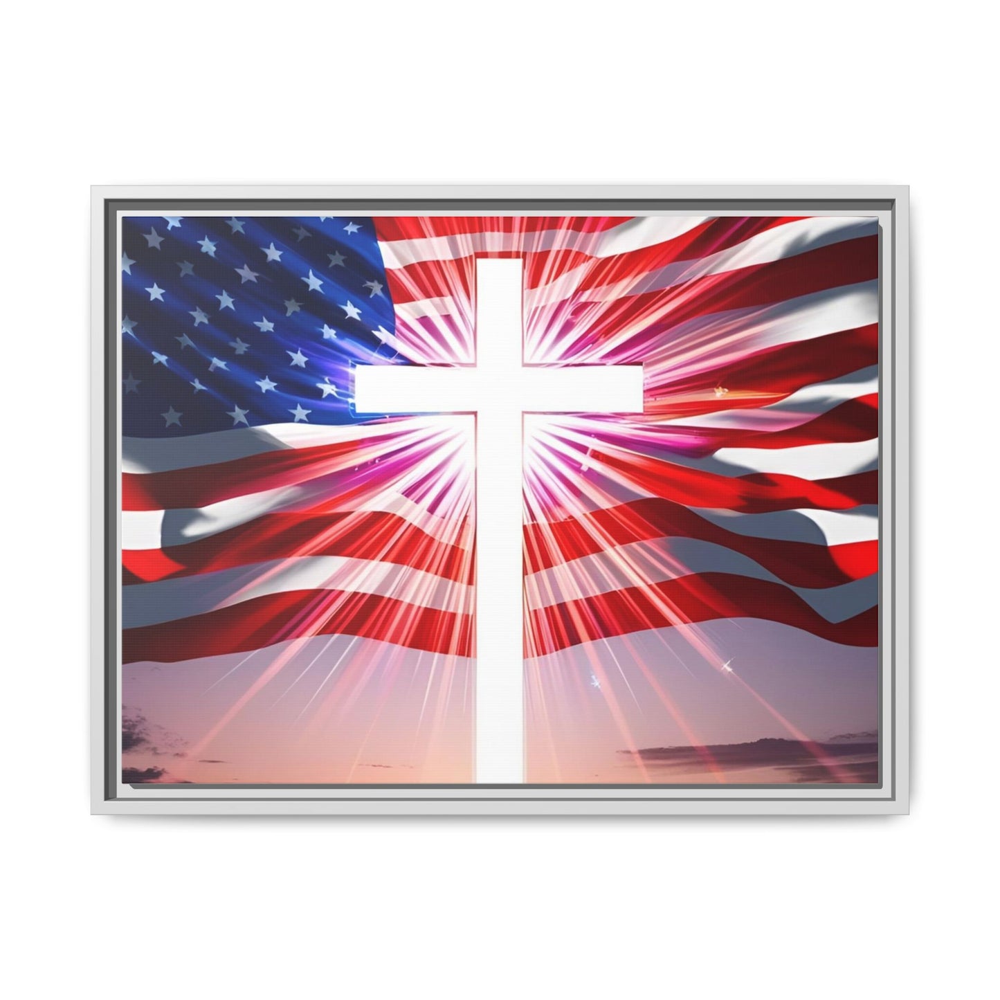 Patriotic Christian Canvas Art - Framed Multi-Color Cross with American Flag