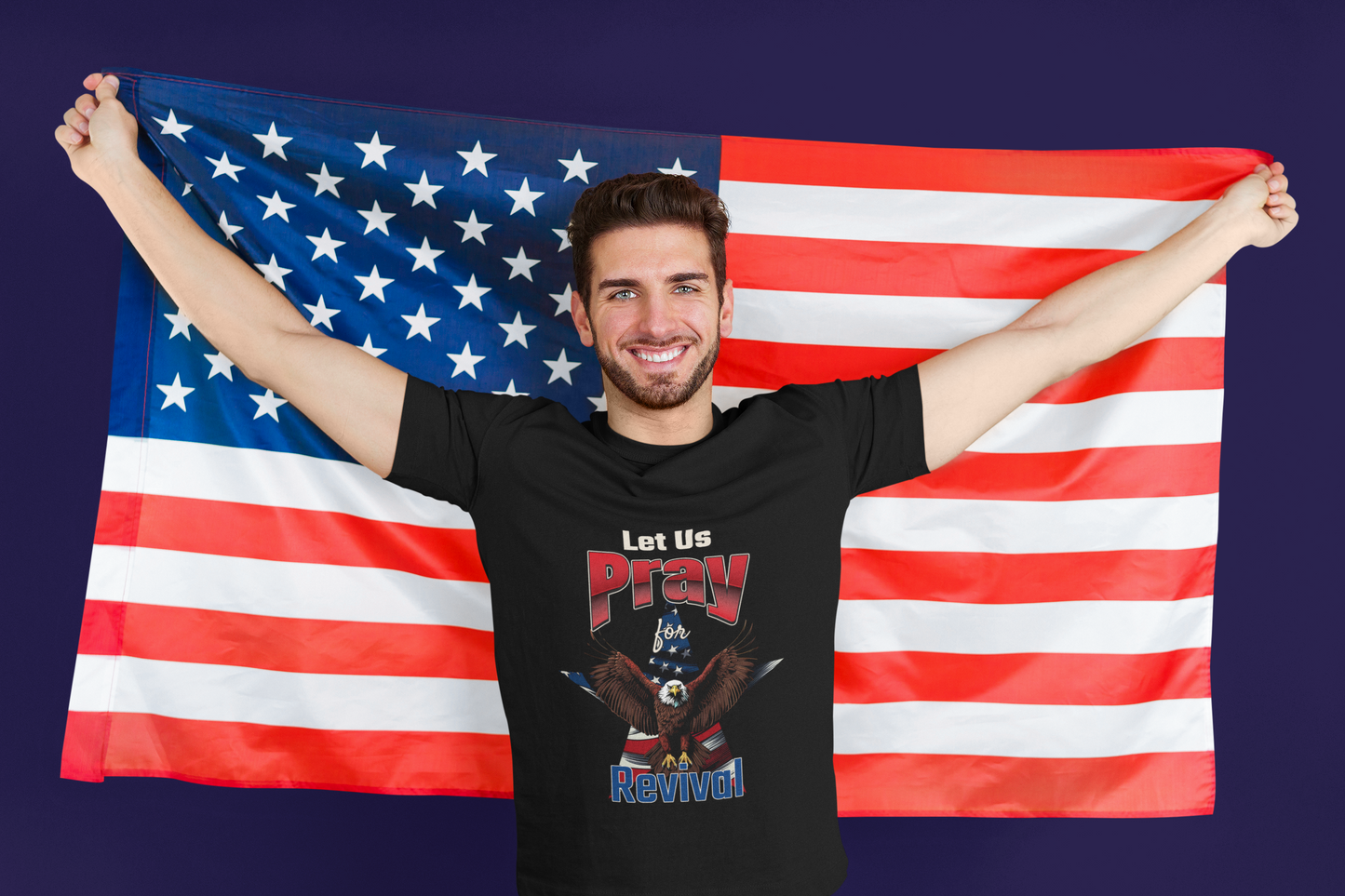 Let us pray for Revival Patriotic Prayer V-Neck Tee, Spiritual Apparel, Eagle Design, Gift for Faith, USA Pride Shirt, Revival Theme T-Shirt