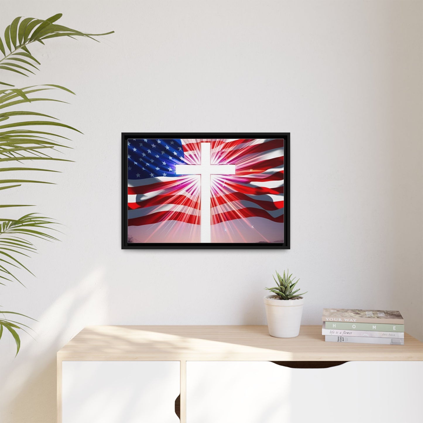 Patriotic Christian Canvas Art - Framed Multi-Color Cross with American Flag
