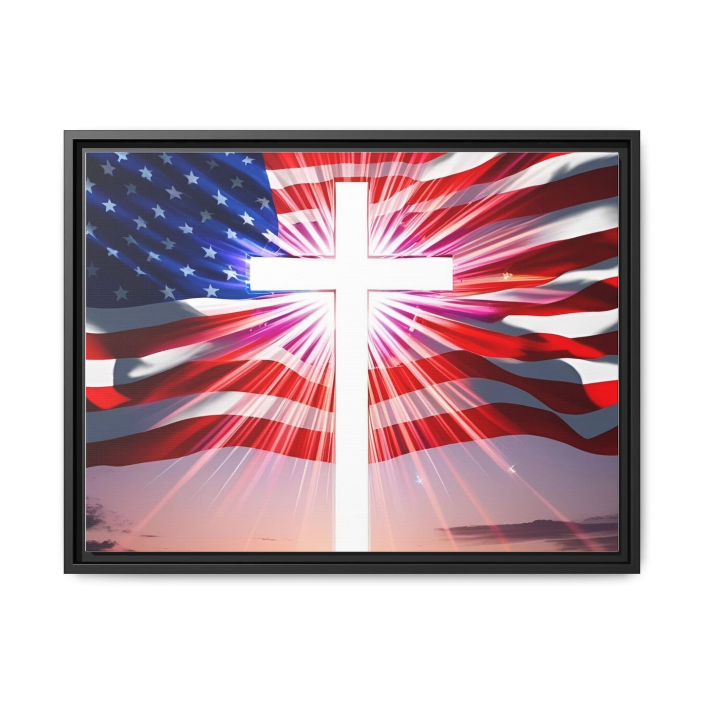 Patriotic Christian Canvas Art - Framed Multi-Color Cross with American Flag