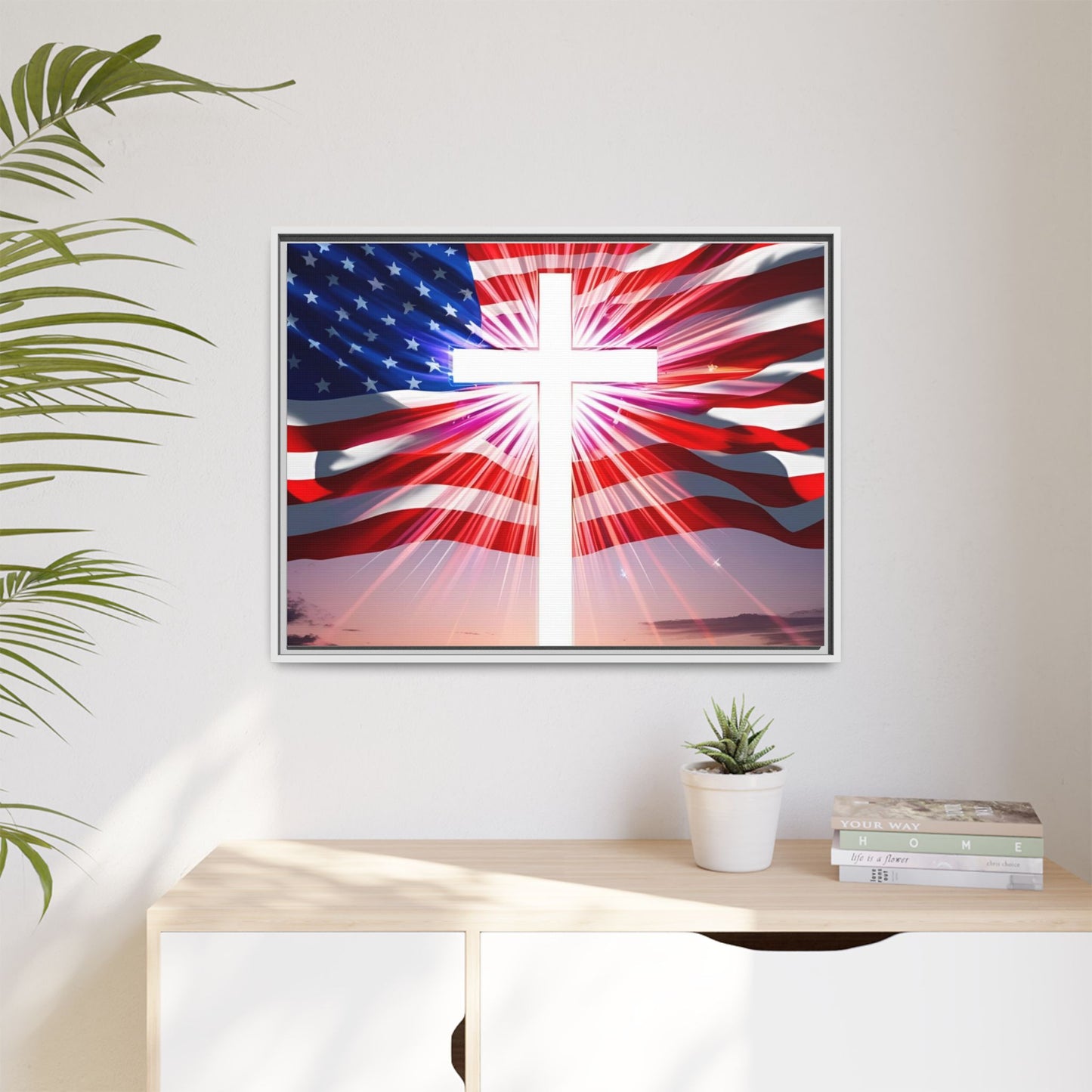 Patriotic Christian Canvas Art - Framed Multi-Color Cross with American Flag