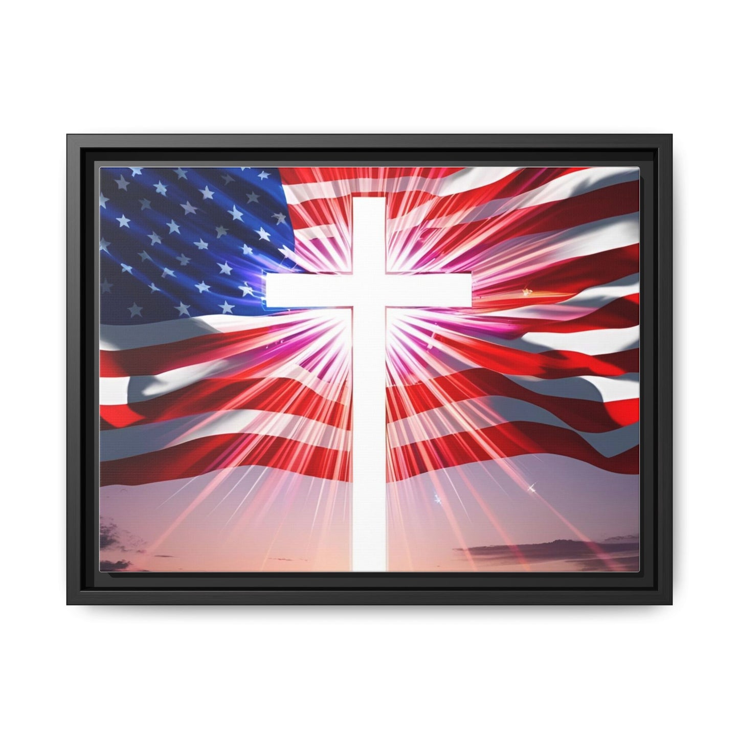 Patriotic Christian Canvas Art - Framed Multi-Color Cross with American Flag