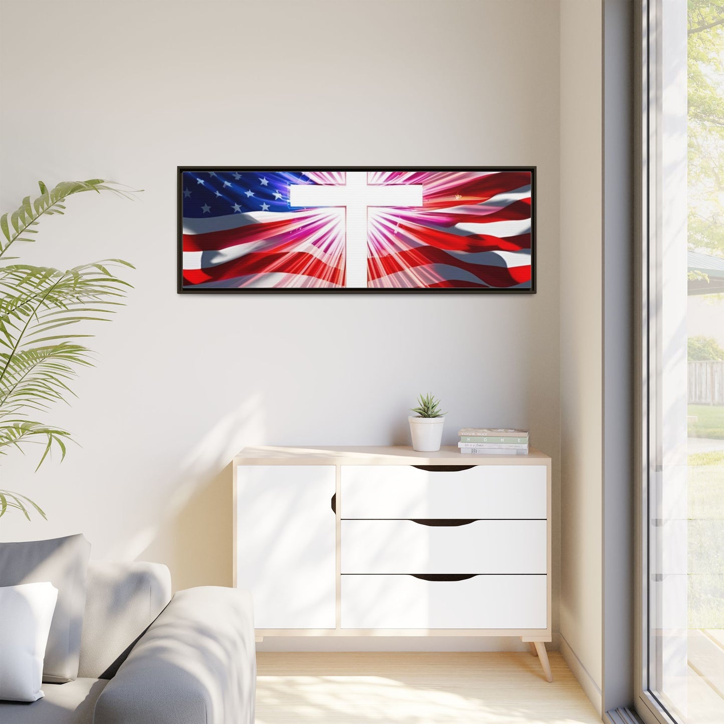Patriotic Christian Canvas Art - Framed Multi-Color Cross with American Flag