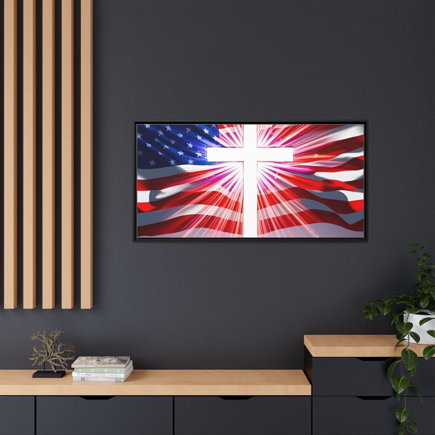 Patriotic Christian Canvas Art - Framed Multi-Color Cross with American Flag