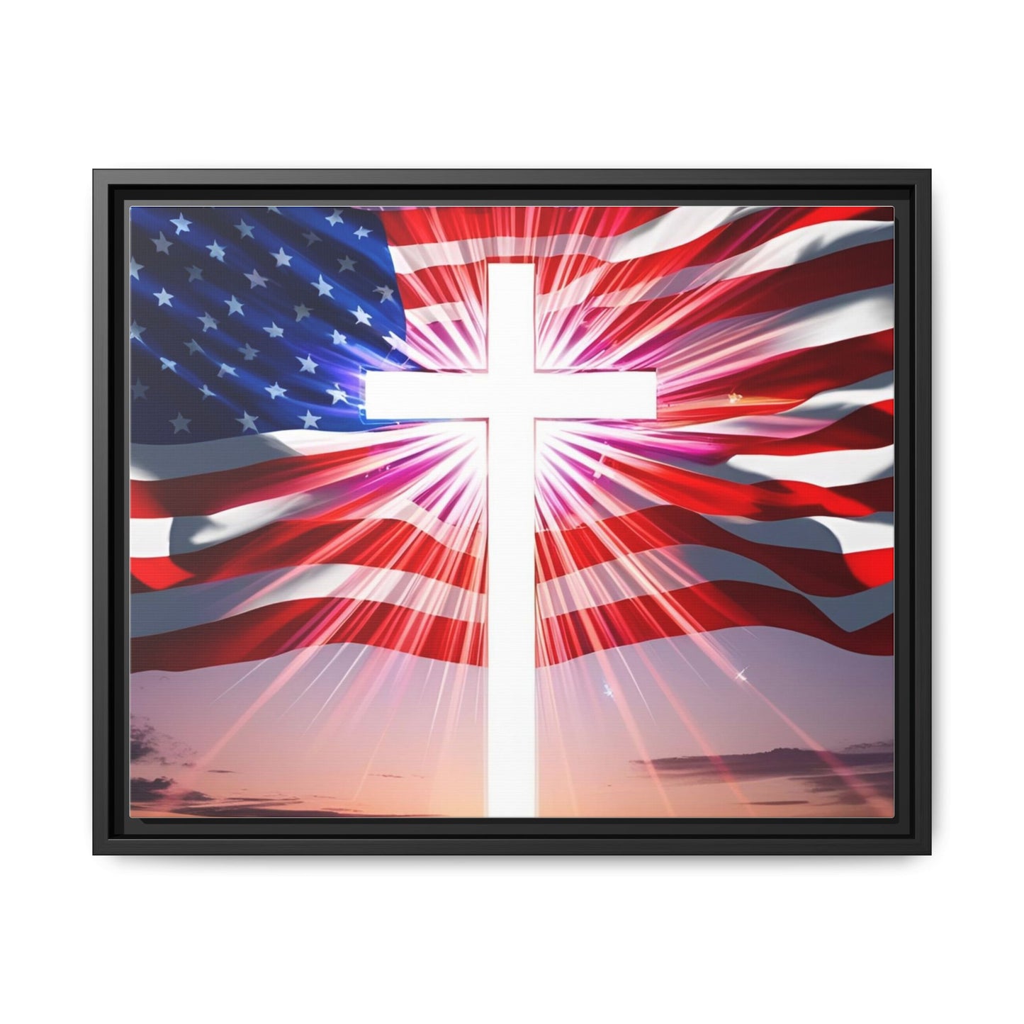 Patriotic Christian Canvas Art - Framed Multi-Color Cross with American Flag