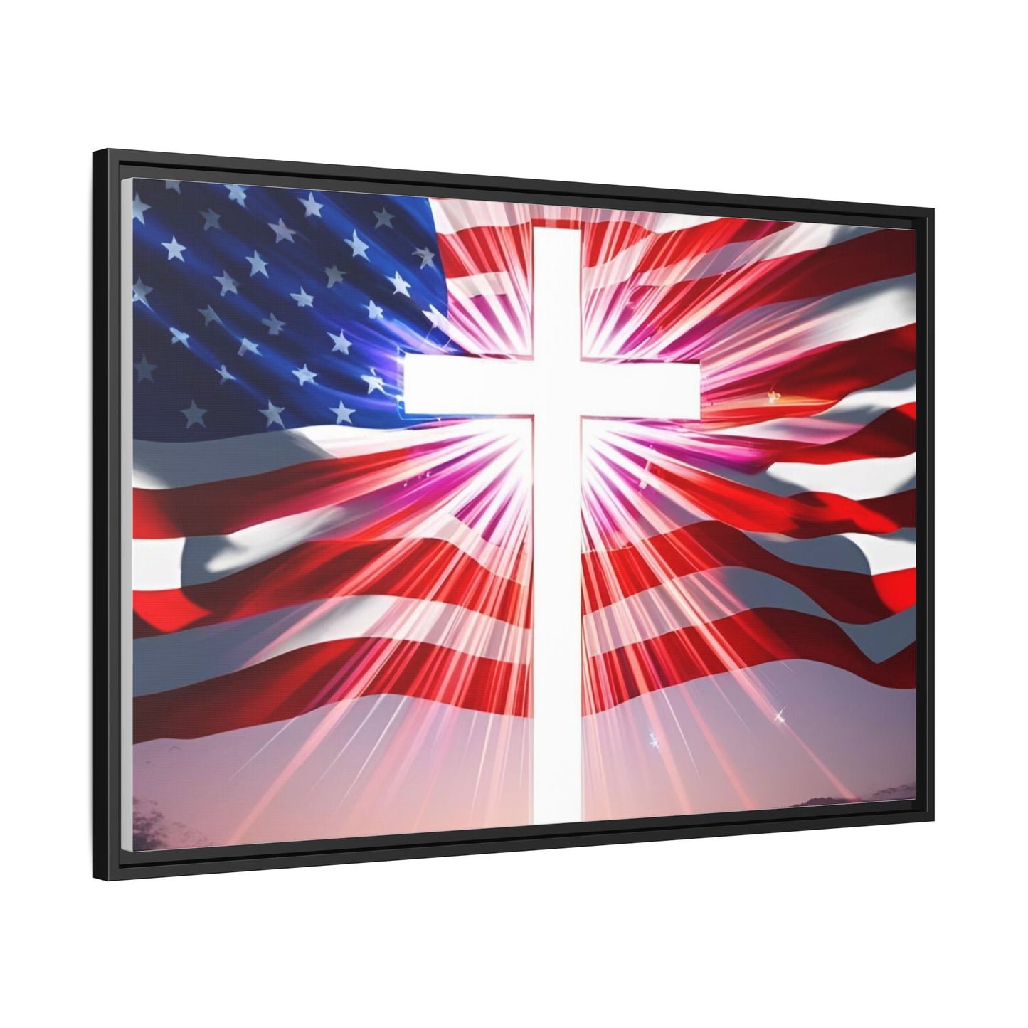 Patriotic Christian Canvas Art - Framed Multi-Color Cross with American Flag