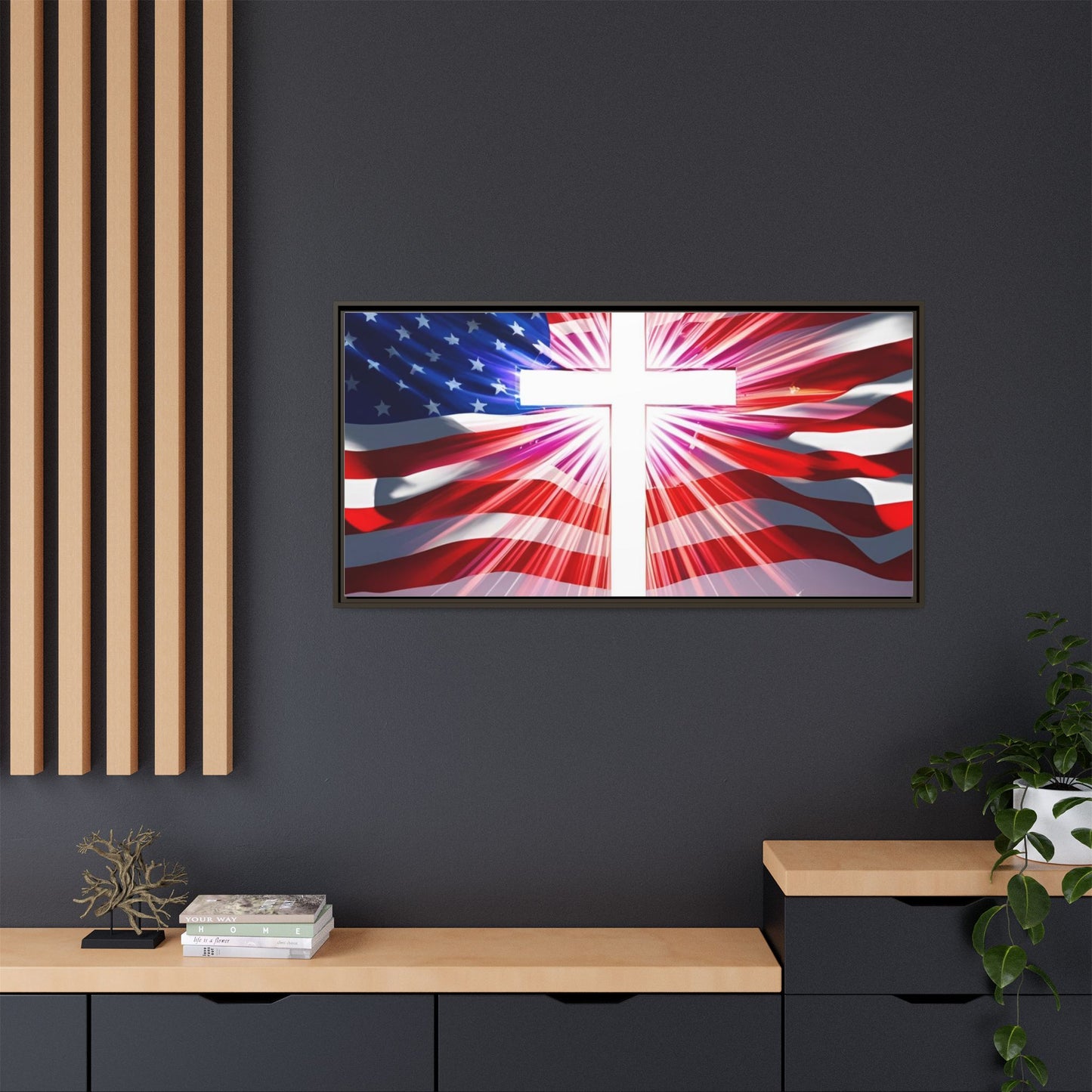 Patriotic Christian Canvas Art - Framed Multi-Color Cross with American Flag