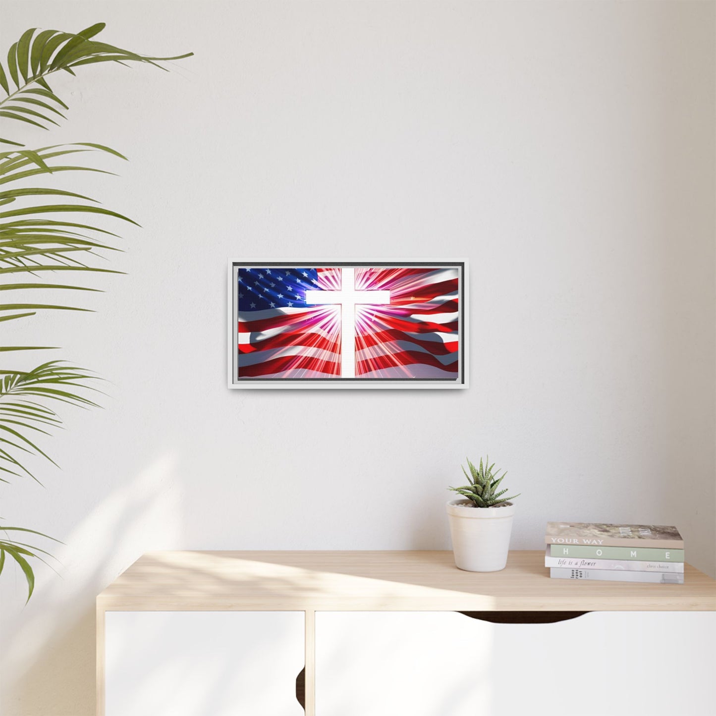 Patriotic Christian Canvas Art - Framed Multi-Color Cross with American Flag