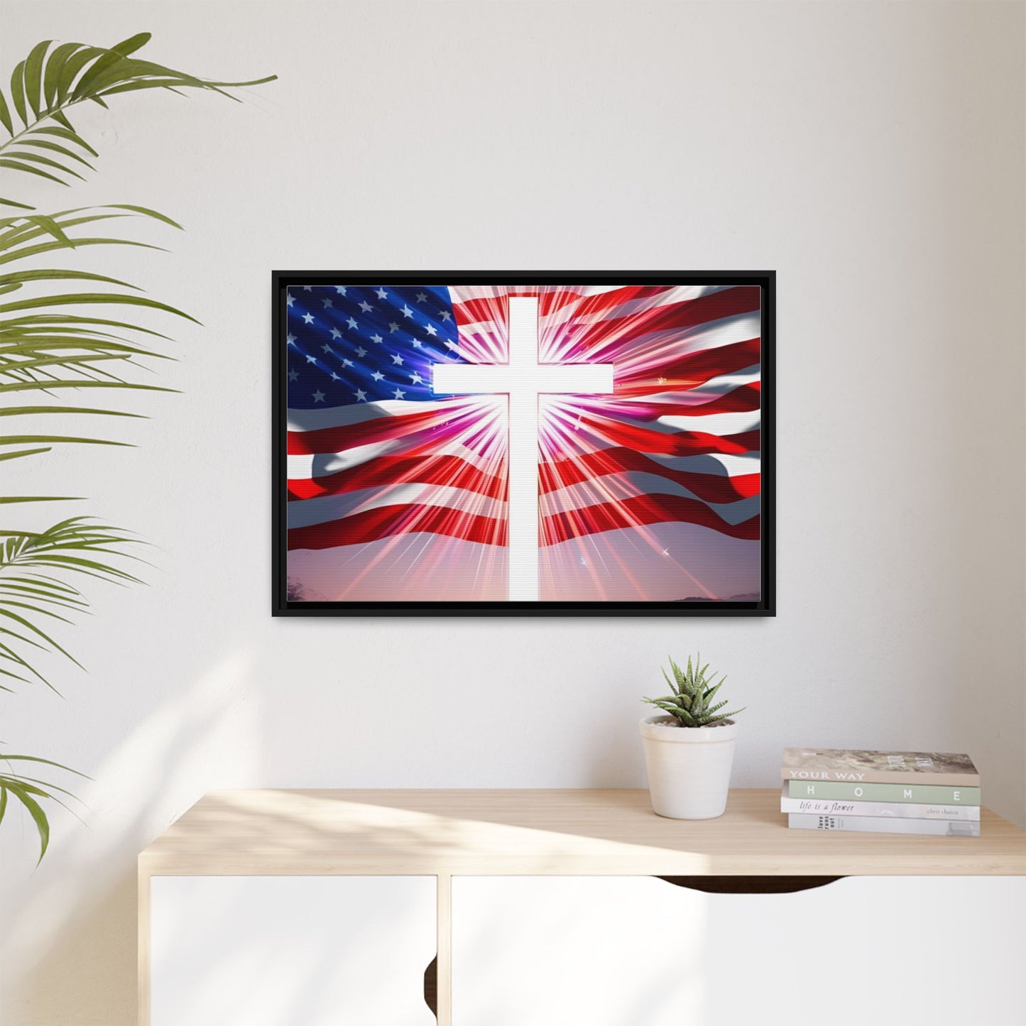 Patriotic Christian Canvas Art - Framed Multi-Color Cross with American Flag