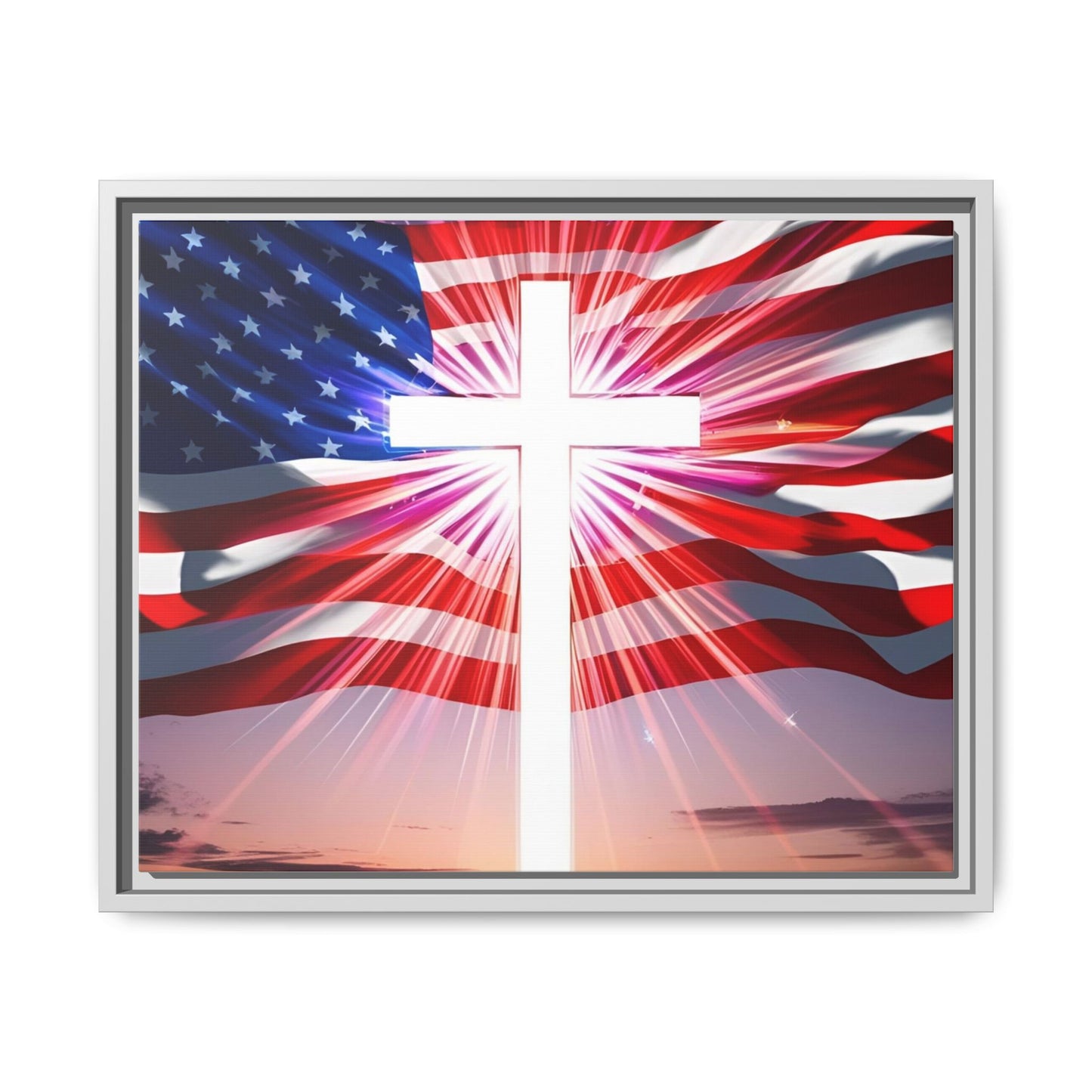 Patriotic Christian Canvas Art - Framed Multi-Color Cross with American Flag