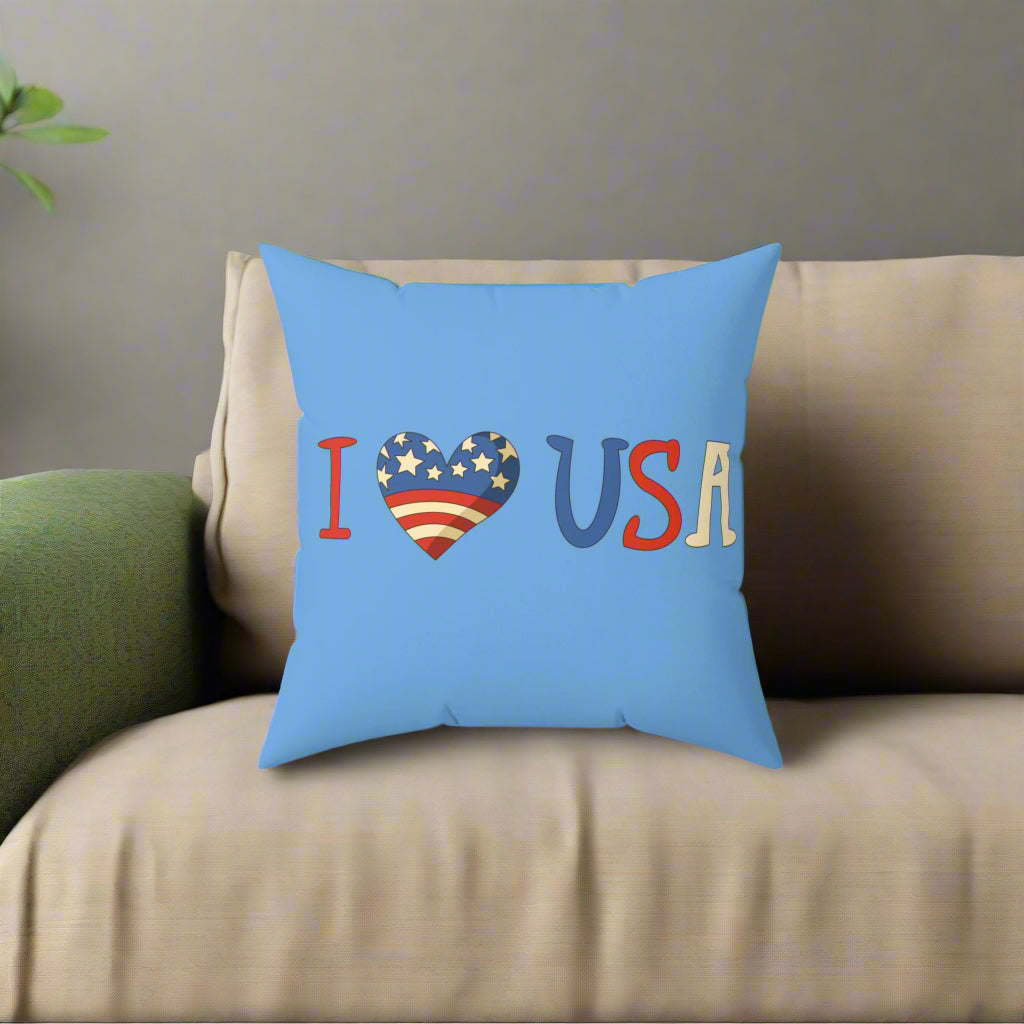 USA Love Spun Polyester Pillow, Decorative Cushion for Home, Patriotic Gift, 4th of July Decor, American Flag Pillow