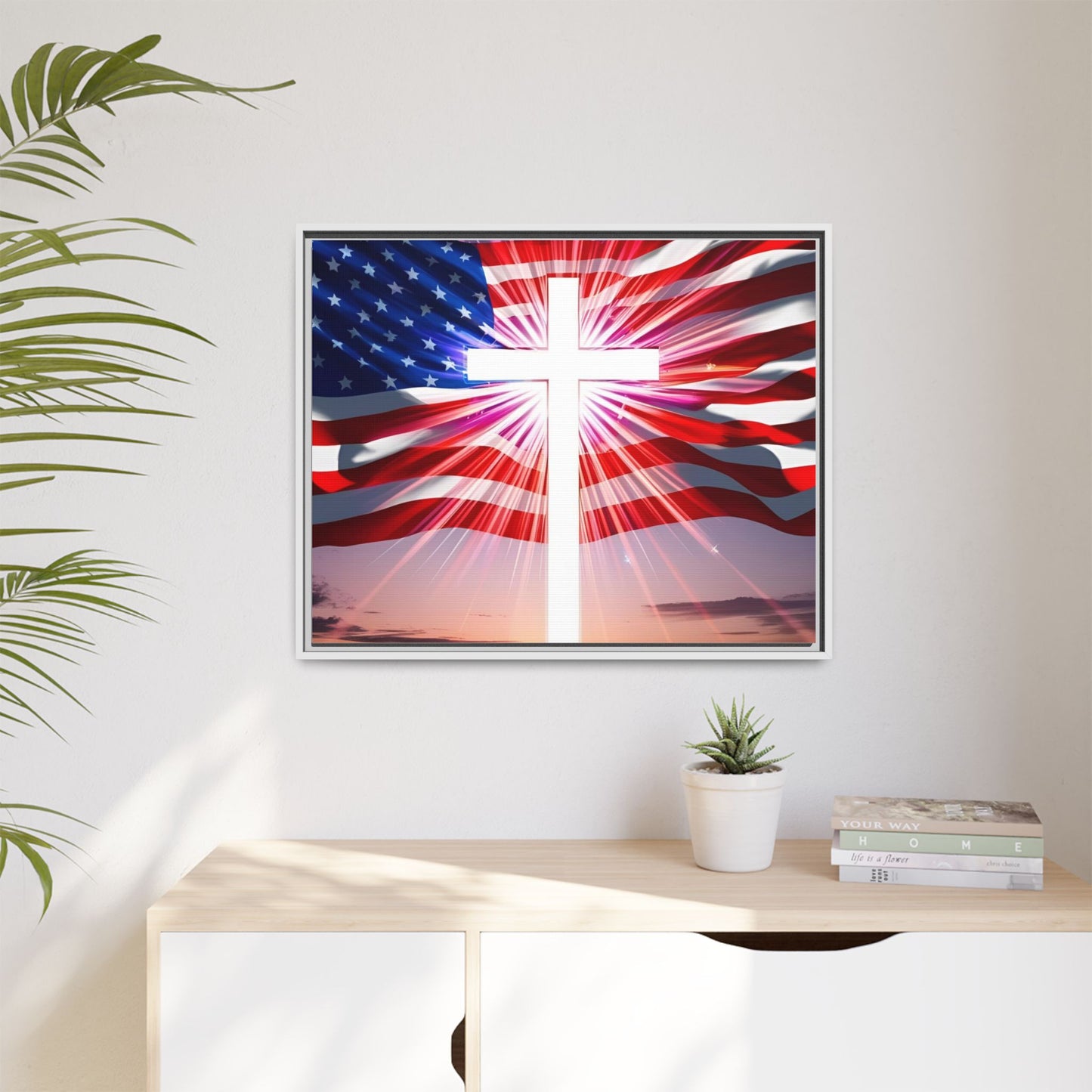 Patriotic Christian Canvas Art - Framed Multi-Color Cross with American Flag