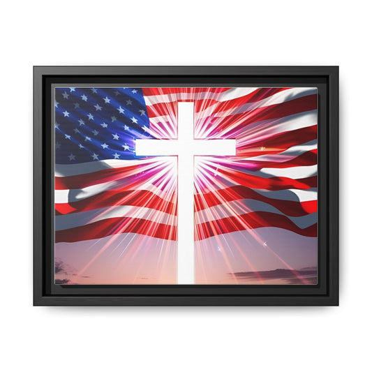 Patriotic Christian Canvas Art - Framed Multi-Color Cross with American Flag