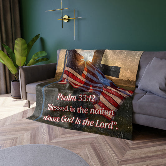 Inspirational Crushed Velvet Blanket with Psalm 33:12 Design