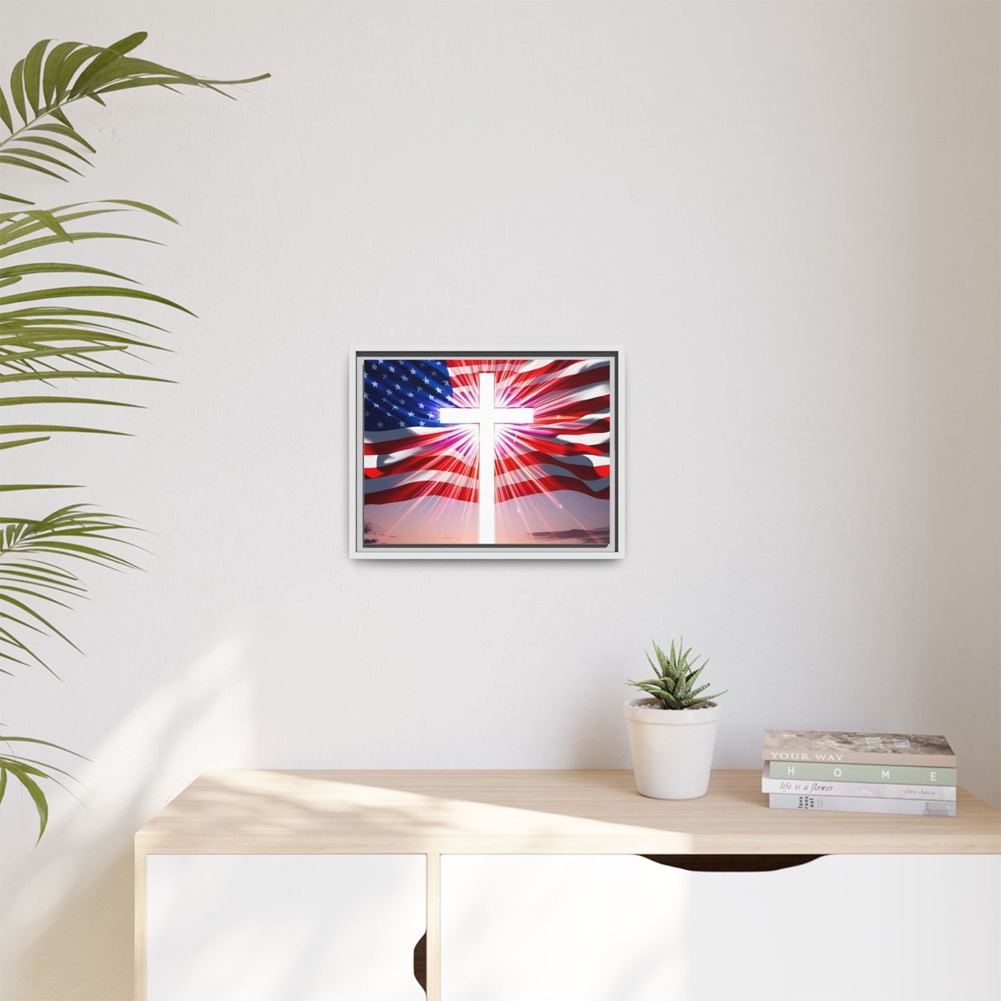 Patriotic Christian Canvas Art - Framed Multi-Color Cross with American Flag