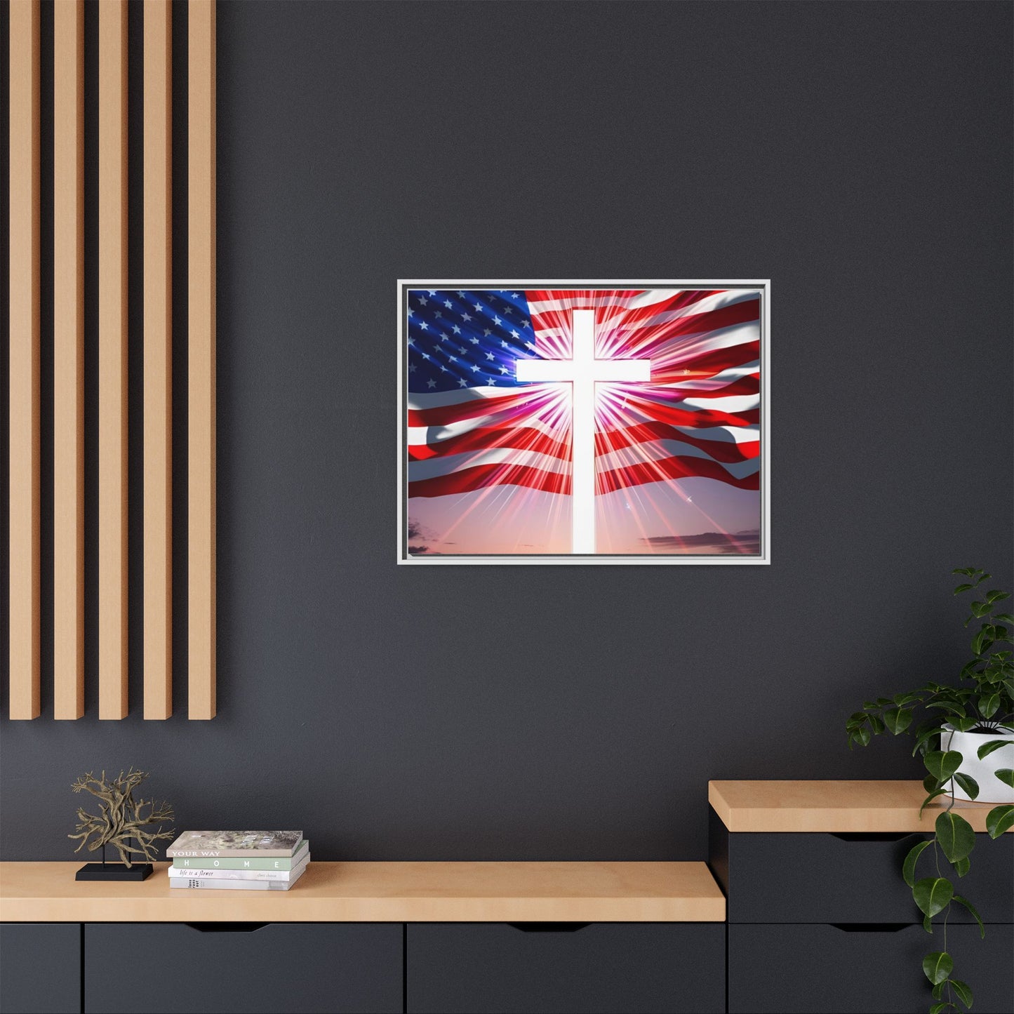 Patriotic Christian Canvas Art - Framed Multi-Color Cross with American Flag