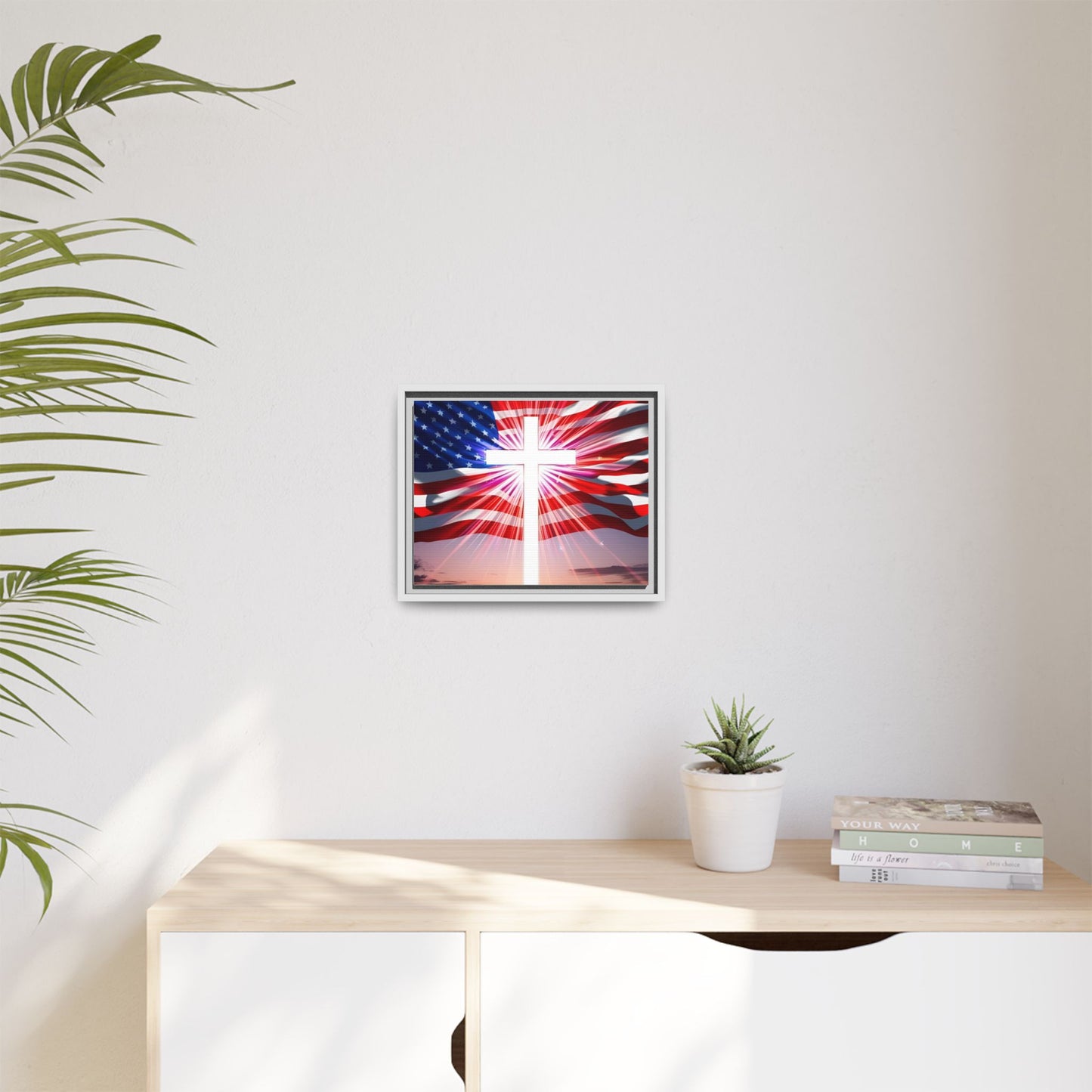 Patriotic Christian Canvas Art - Framed Multi-Color Cross with American Flag