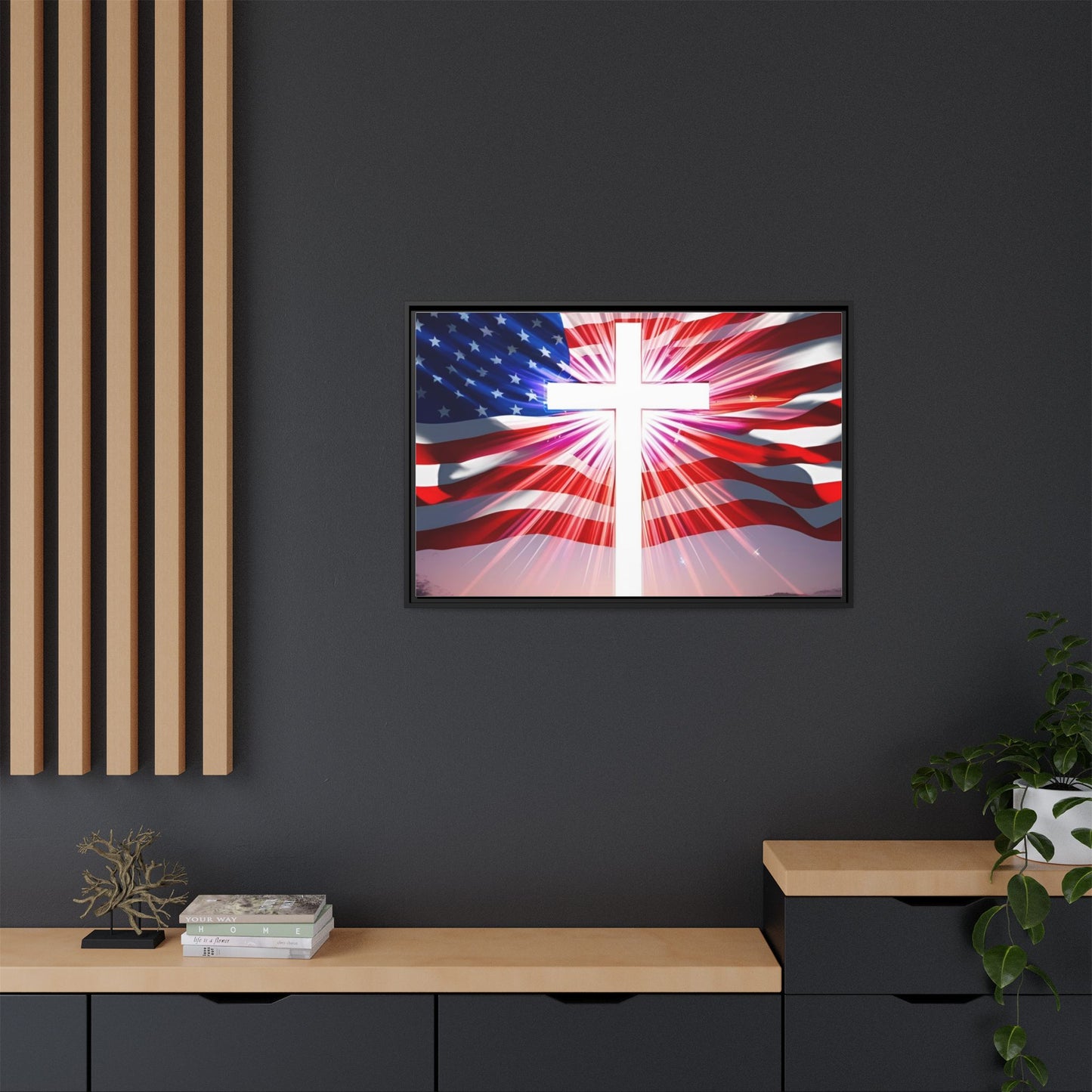 Patriotic Christian Canvas Art - Framed Multi-Color Cross with American Flag