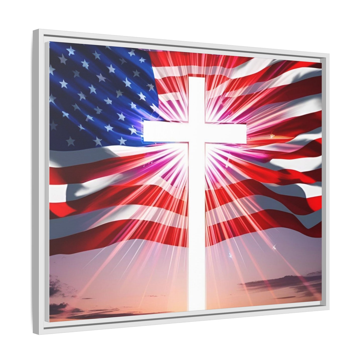 Patriotic Christian Canvas Art - Framed Multi-Color Cross with American Flag