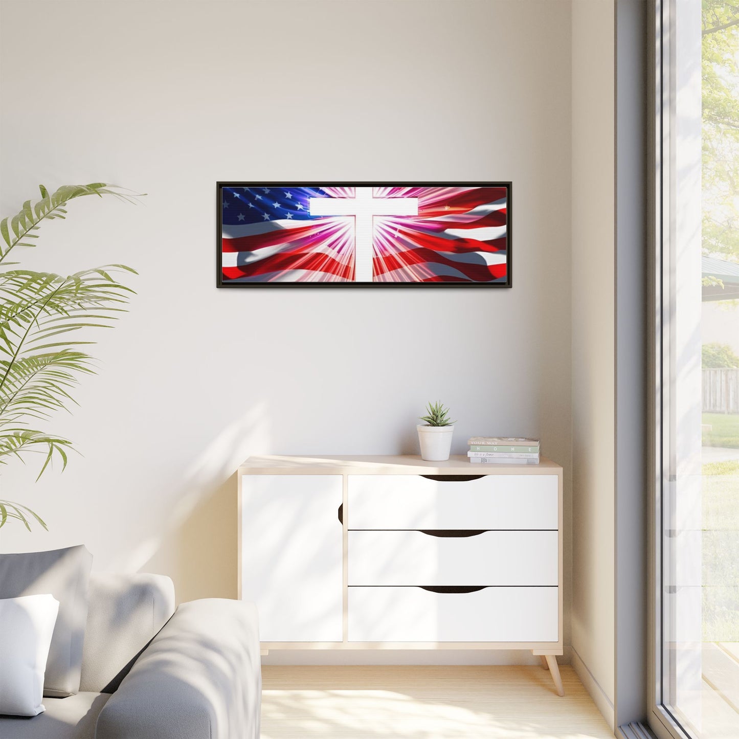 Patriotic Christian Canvas Art - Framed Multi-Color Cross with American Flag