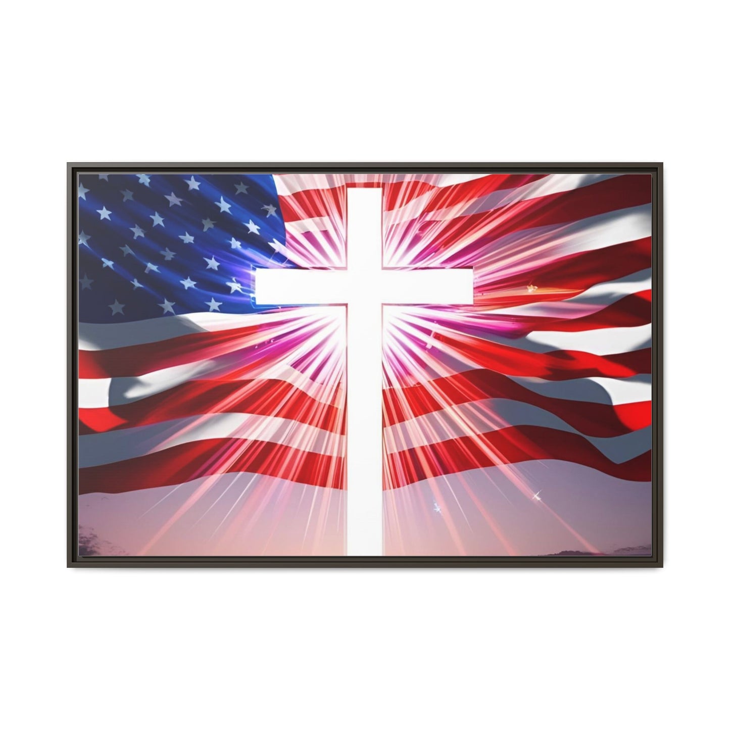 Patriotic Christian Canvas Art - Framed Multi-Color Cross with American Flag