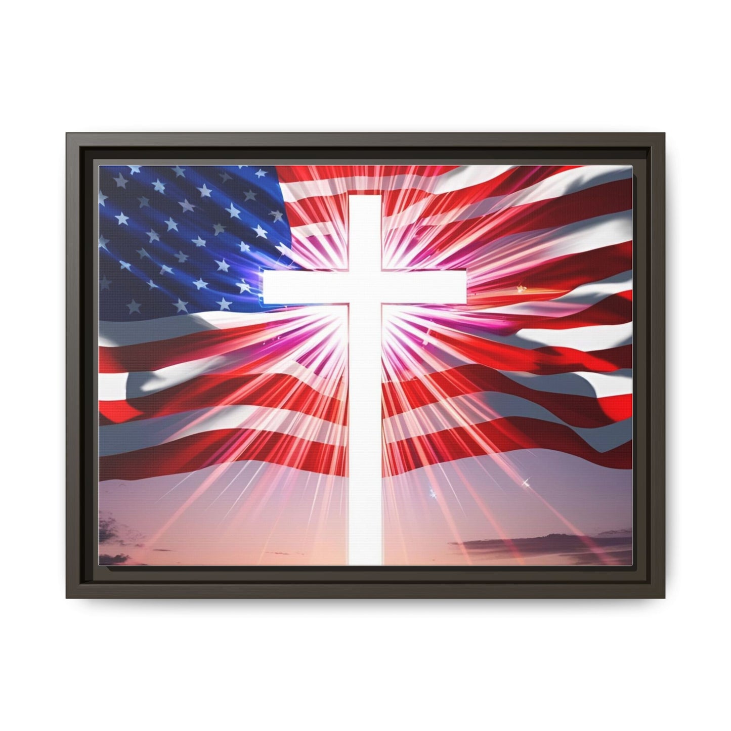 Patriotic Christian Canvas Art - Framed Multi-Color Cross with American Flag