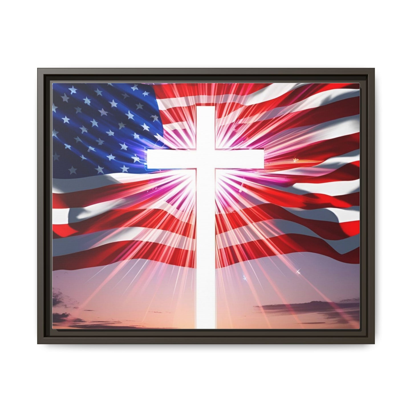 Patriotic Christian Canvas Art - Framed Multi-Color Cross with American Flag