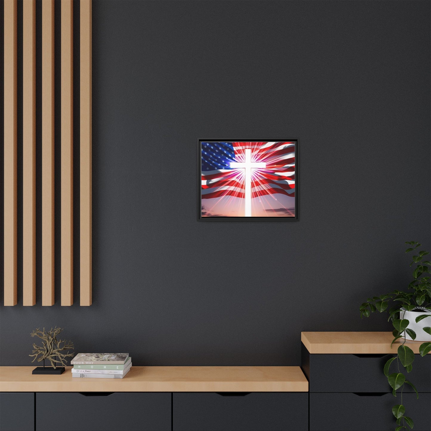 Patriotic Christian Canvas Art - Framed Multi-Color Cross with American Flag