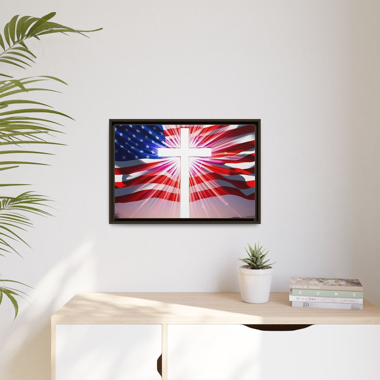 Patriotic Christian Canvas Art - Framed Multi-Color Cross with American Flag